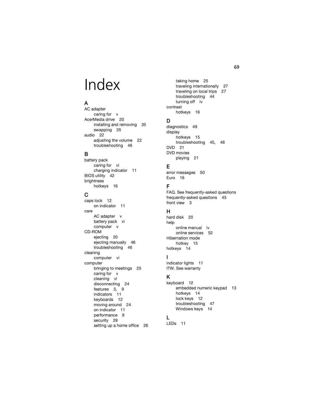 Acer 210 series manual Index 