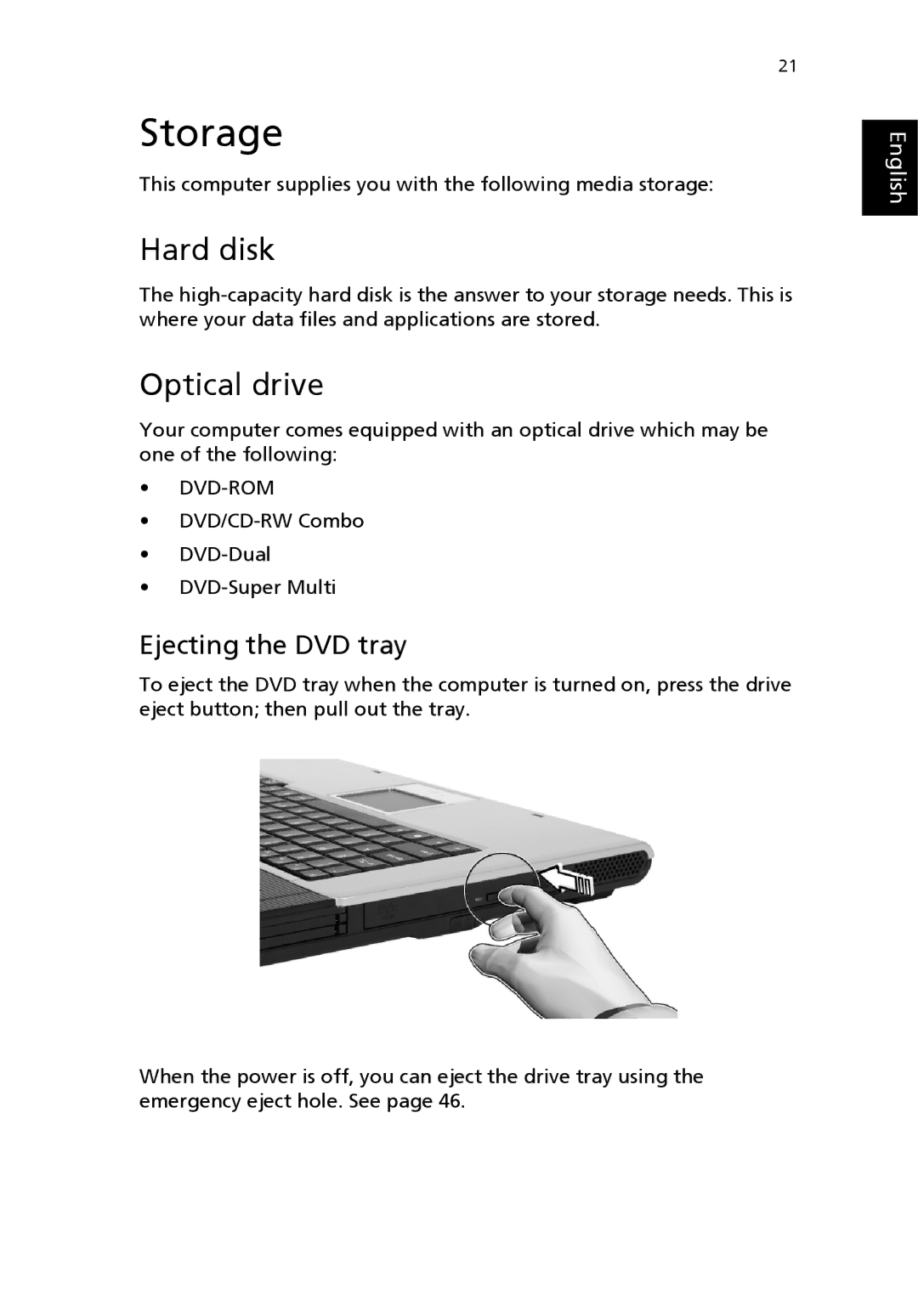 Acer MS2154W, 2100 manual Storage, Hard disk, Optical drive, Ejecting the DVD tray 