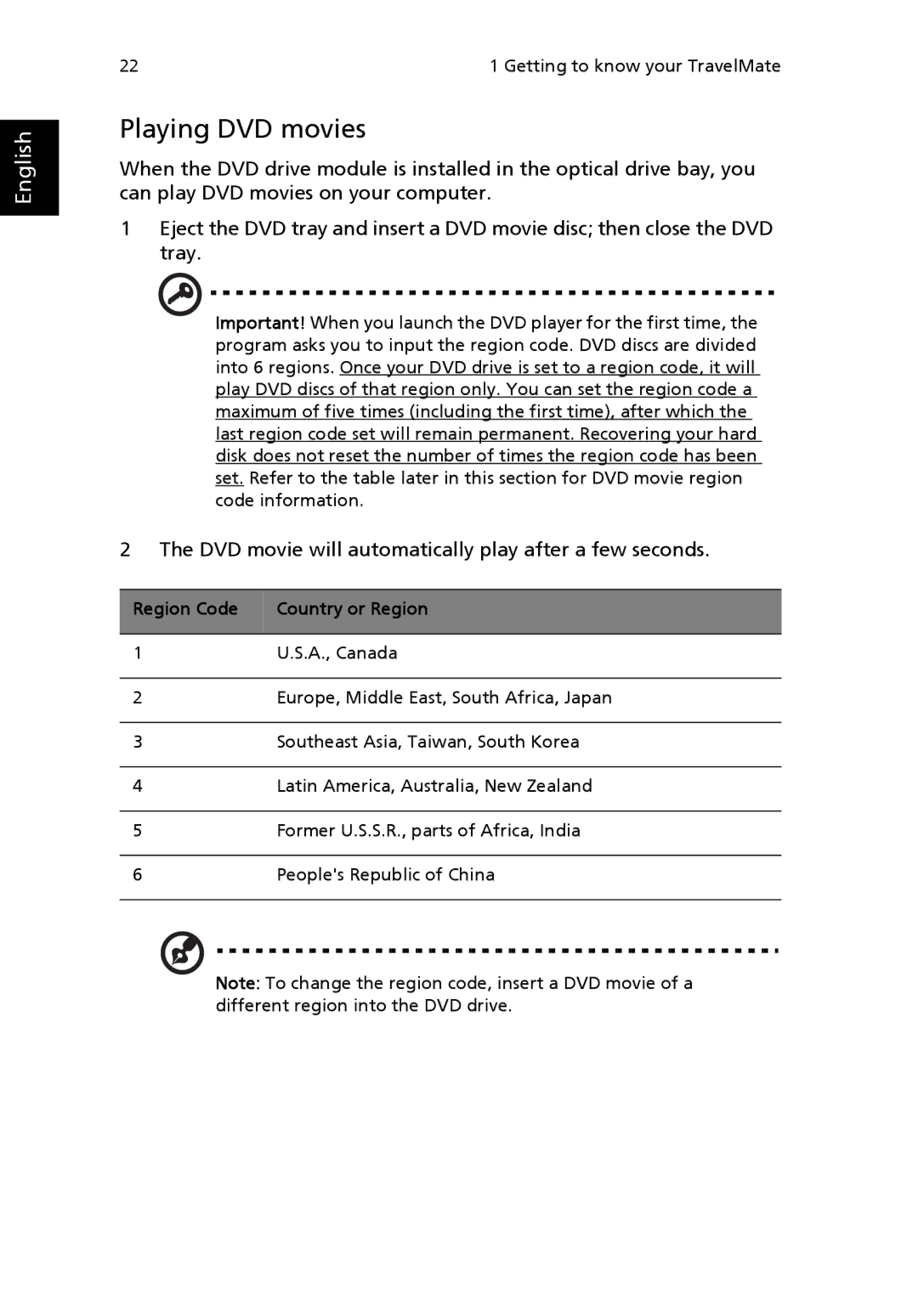 Acer 2100, MS2154W manual Playing DVD movies, Region Code Country or Region 