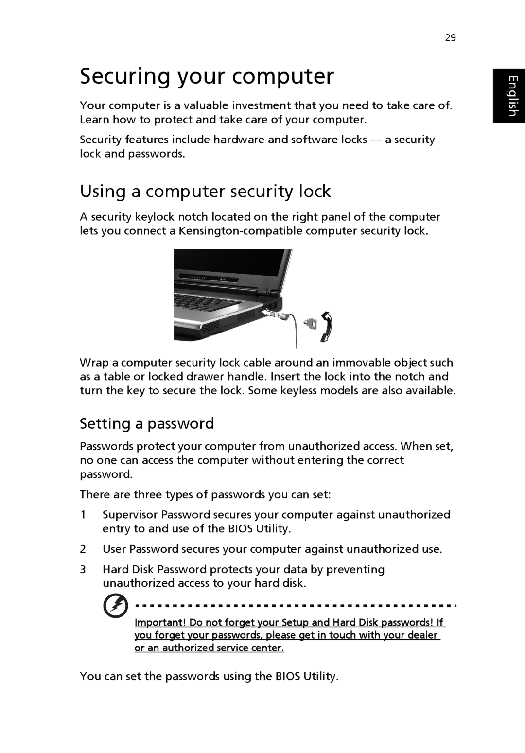 Acer MS2154W, 2100 manual Securing your computer, Using a computer security lock, Setting a password 