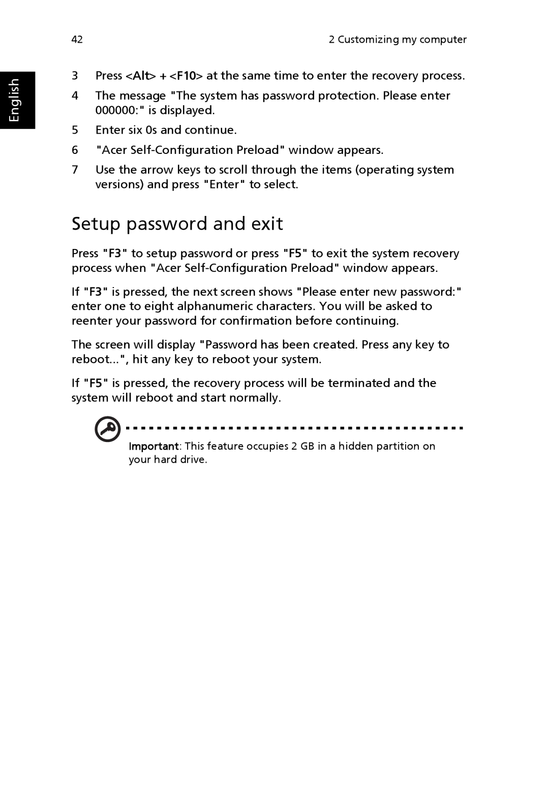 Acer 2100, MS2154W manual Setup password and exit 