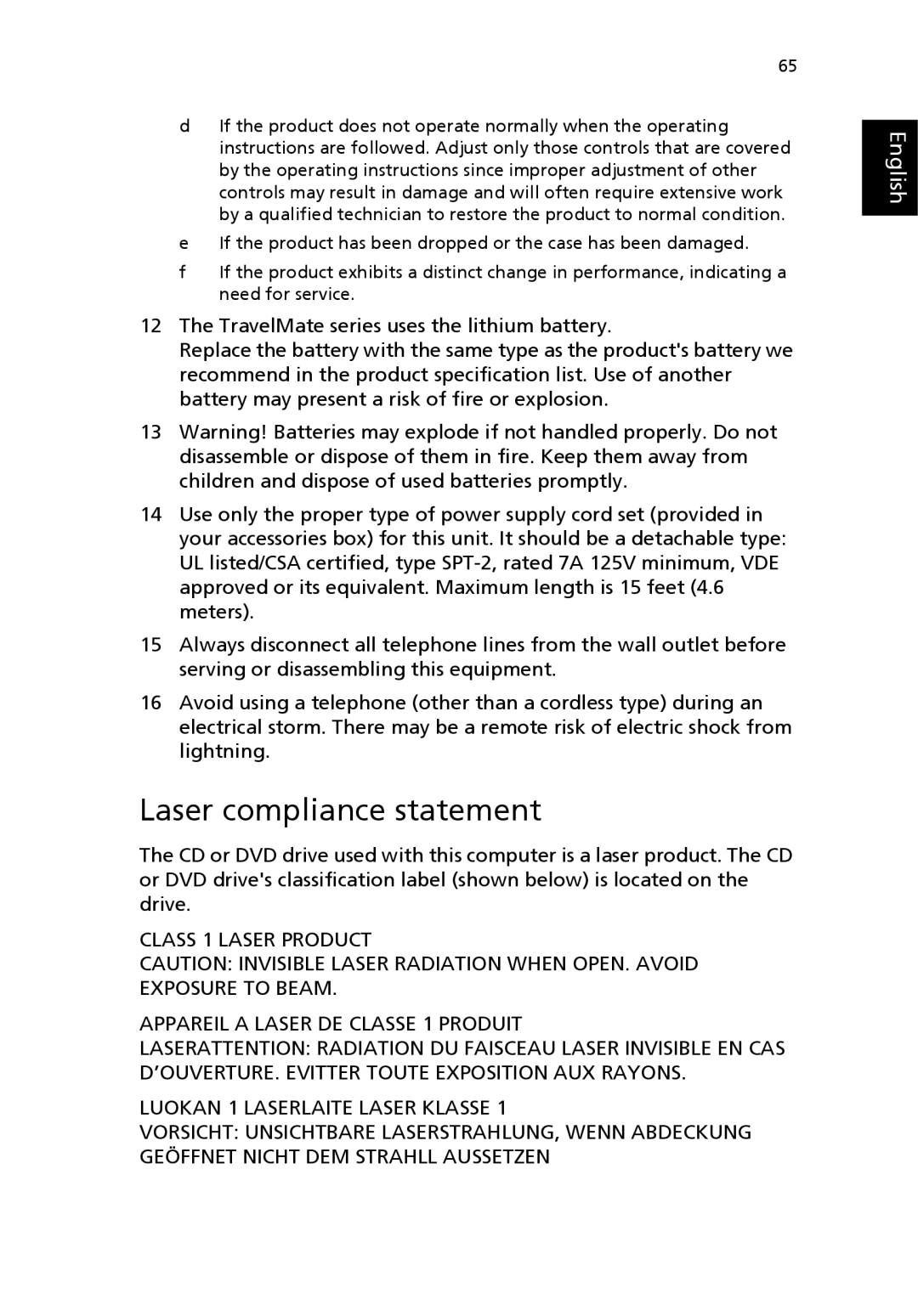 Acer MS2154W, 2100 manual Laser compliance statement 