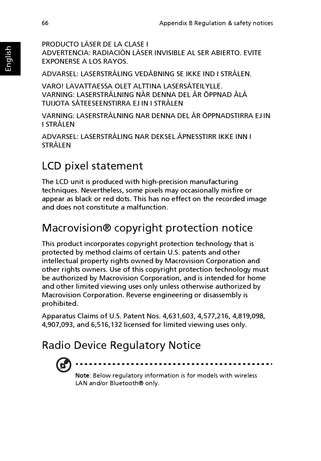 Acer 2100, MS2154W manual LCD pixel statement, Macrovision copyright protection notice, Radio Device Regulatory Notice 