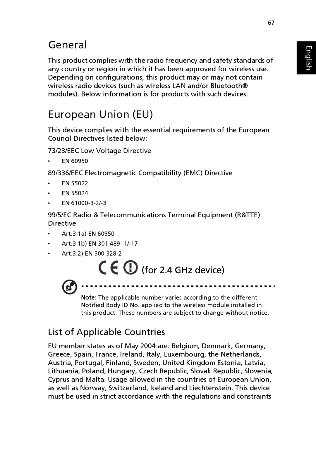 Acer MS2154W, 2100 manual General, European Union EU 