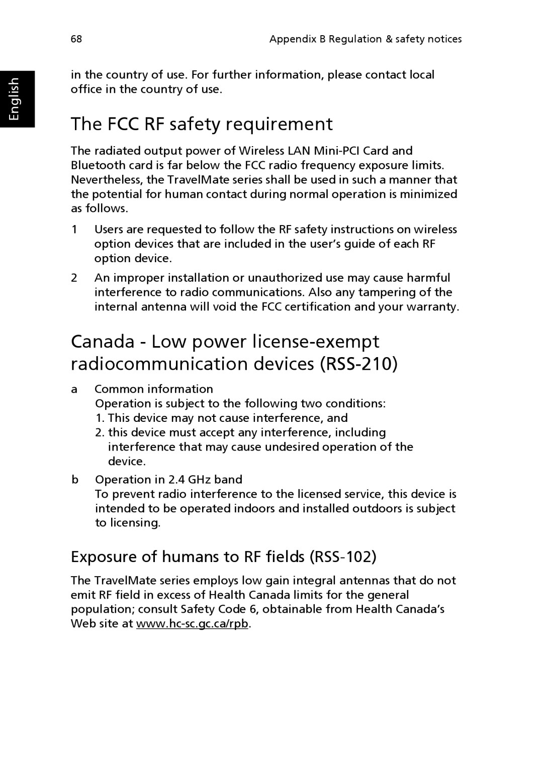 Acer 2100, MS2154W manual FCC RF safety requirement, Exposure of humans to RF fields RSS-102 