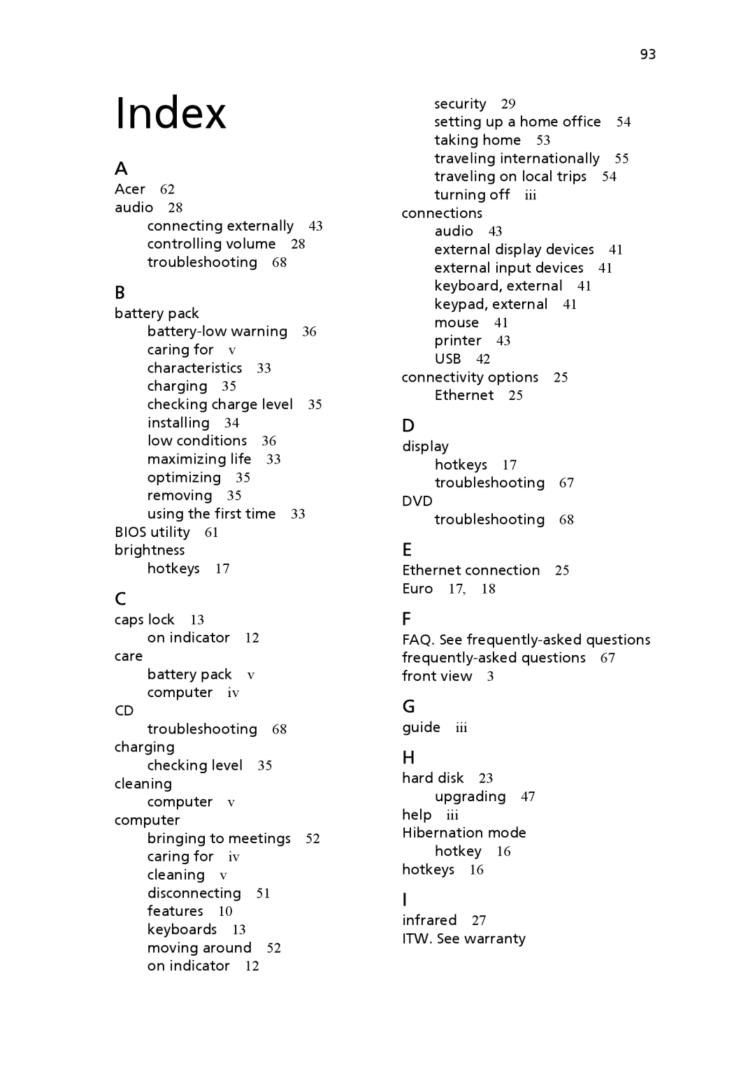 Acer 2700 Series, 2200 Series manual Index 