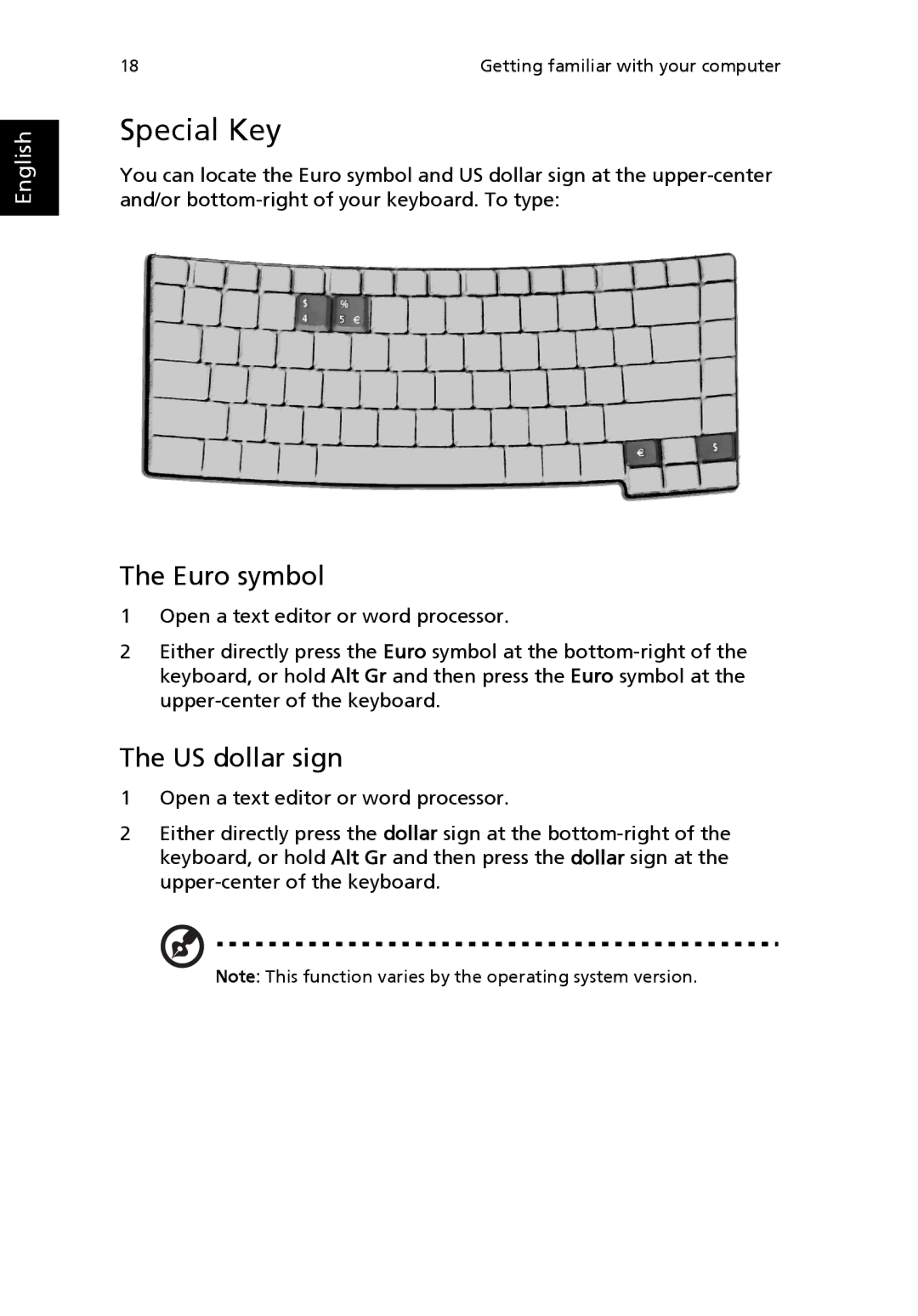 Acer 2200 Series, 2700 Series manual Special Key, Euro symbol, US dollar sign 