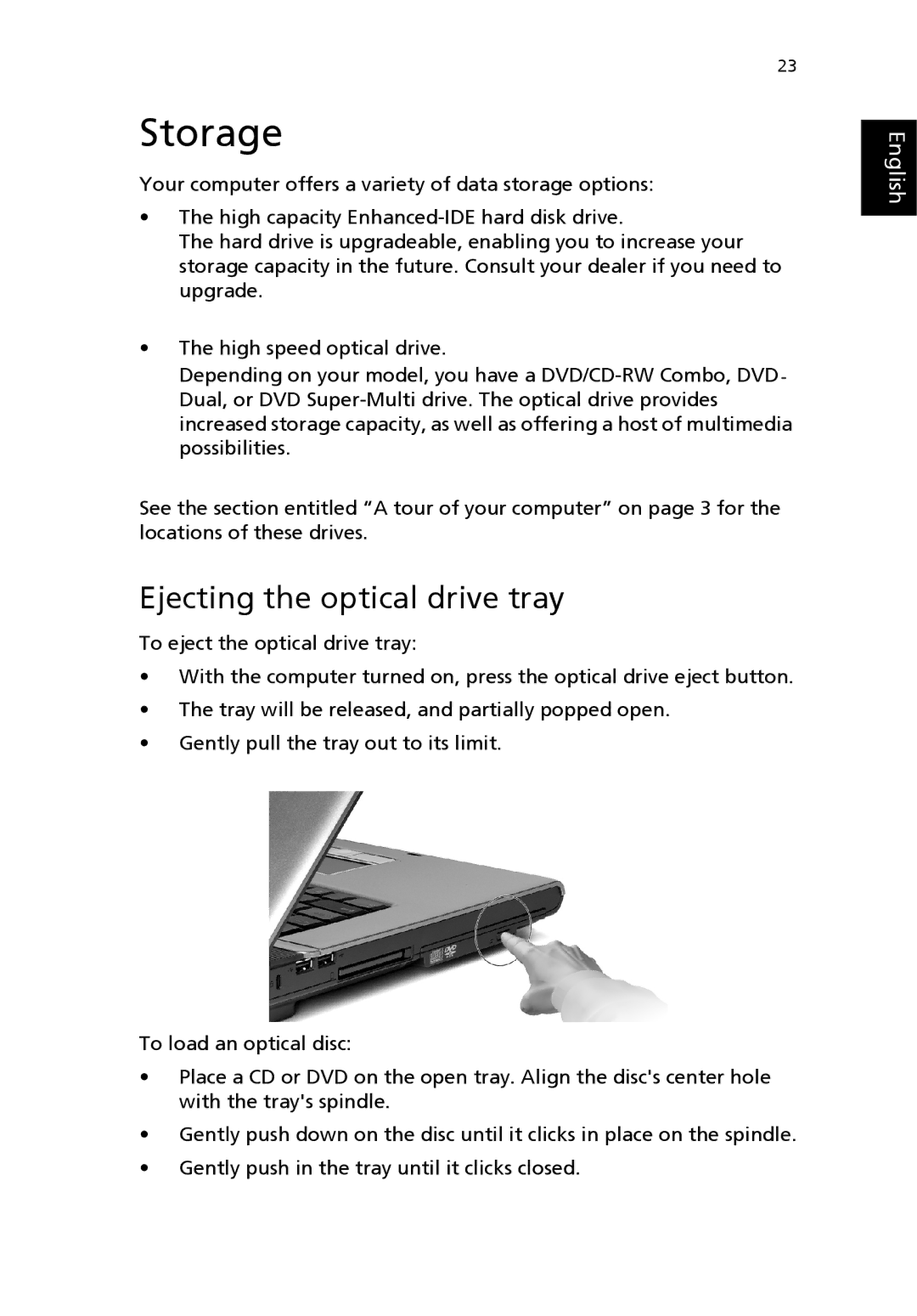 Acer 2700 Series, 2200 Series manual Storage, Ejecting the optical drive tray 