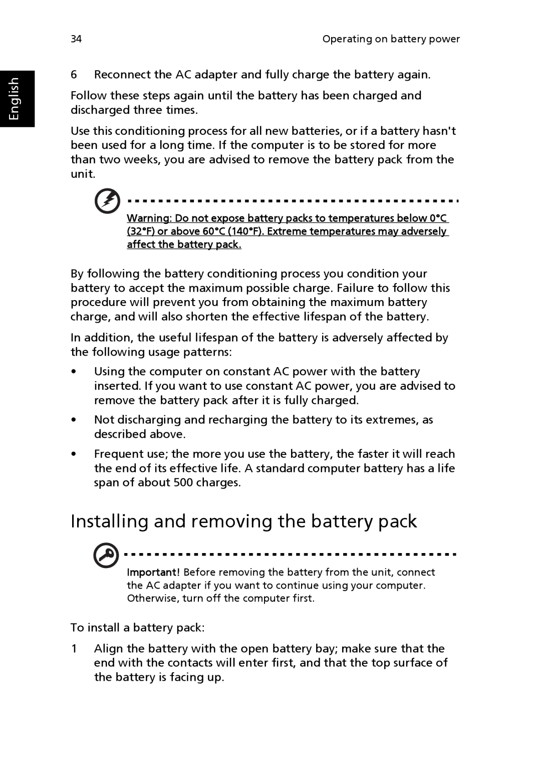 Acer 2200 Series, 2700 Series manual Installing and removing the battery pack 