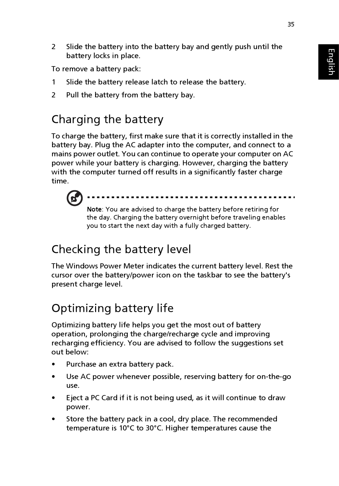 Acer 2700 Series, 2200 Series manual Charging the battery, Checking the battery level, Optimizing battery life 