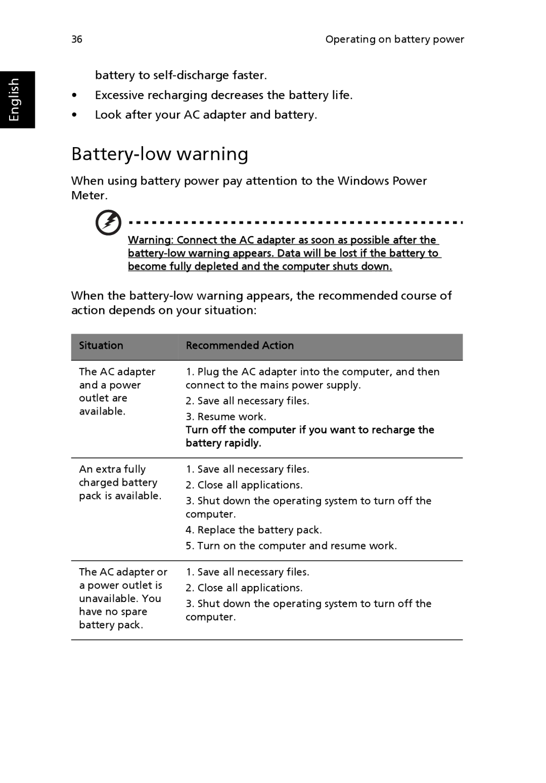 Acer 2200 Series, 2700 Series manual Battery-low warning, Situation Recommended Action 