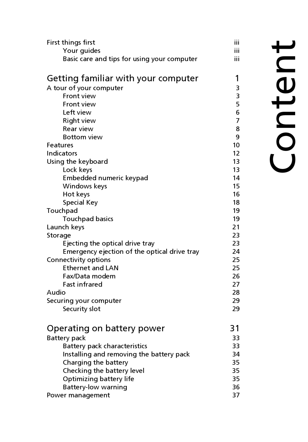 Acer 2700 Series, 2200 Series manual Getting familiar with your computer, Operating on battery power 