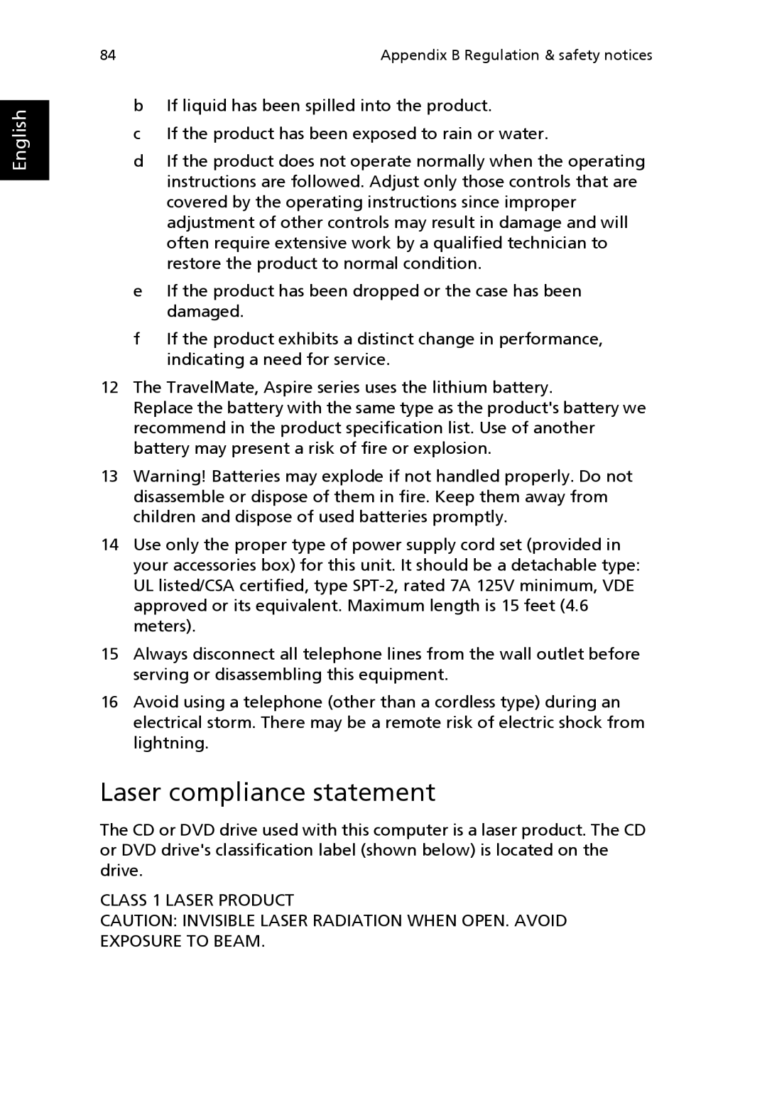 Acer 2200 Series, 2700 Series manual Laser compliance statement 