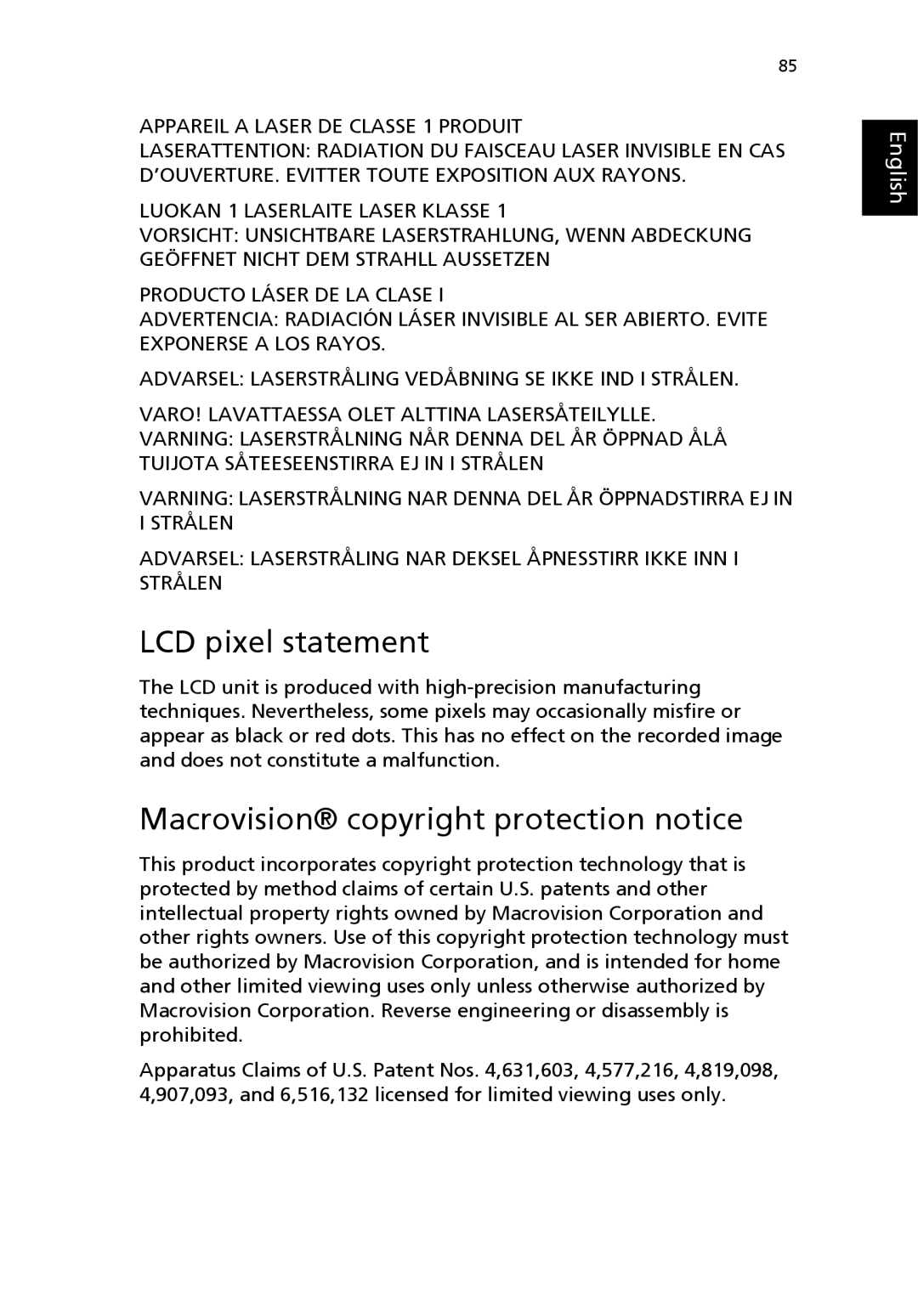 Acer 2700 Series, 2200 Series manual LCD pixel statement, Macrovision copyright protection notice 