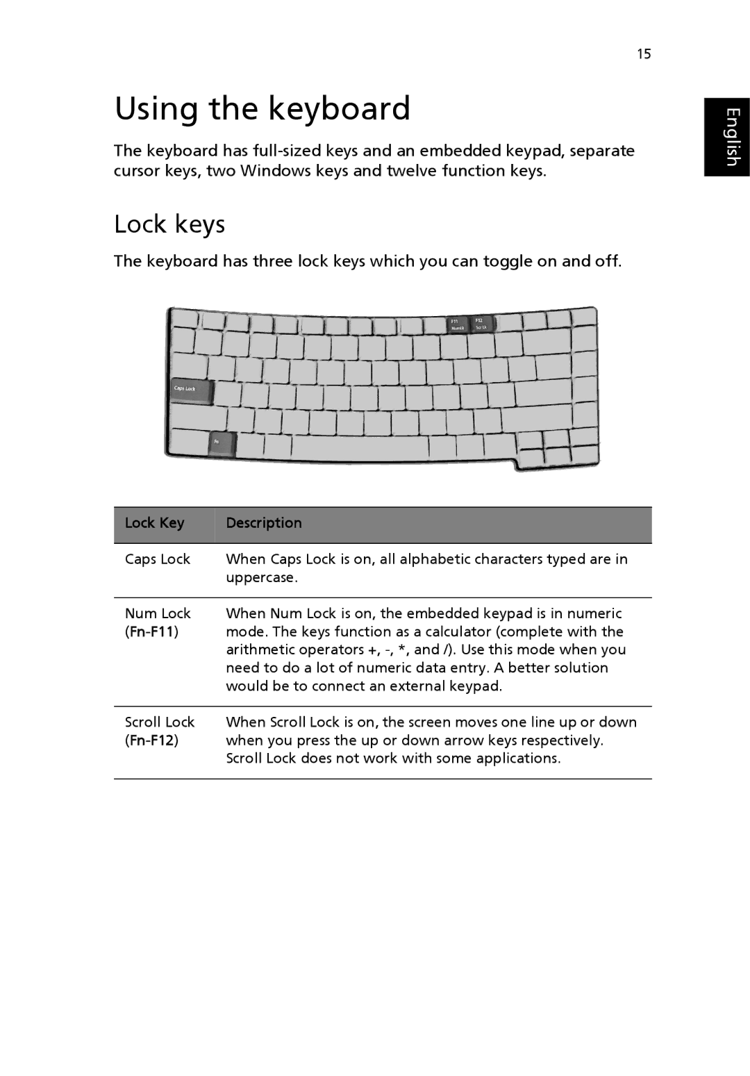 Acer 4500 Series, 2300 Series, 4000 Series manual Using the keyboard, Lock keys, Lock Key Description, Fn-F11, Fn-F12 