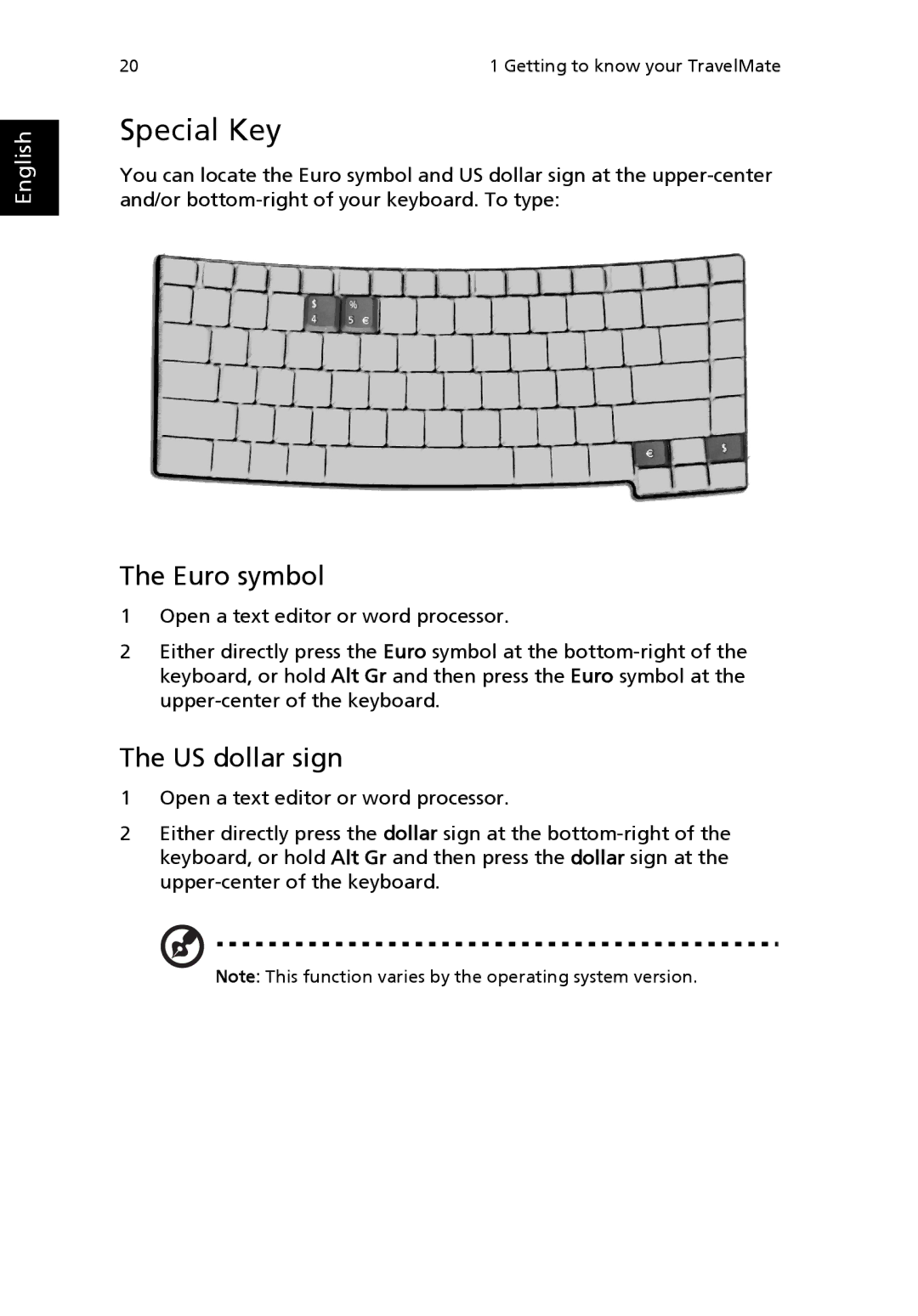 Acer 4000 Series, 2300 Series, 4500 Series manual Special Key, Euro symbol, US dollar sign 