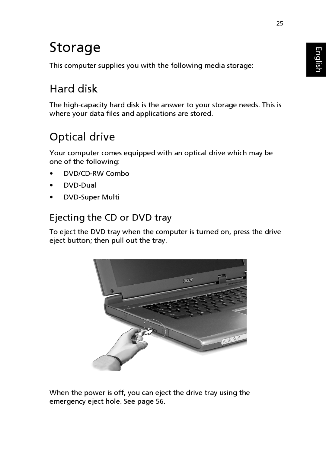 Acer 2300 Series, 4000 Series, 4500 Series manual Storage, Hard disk, Optical drive, Ejecting the CD or DVD tray 