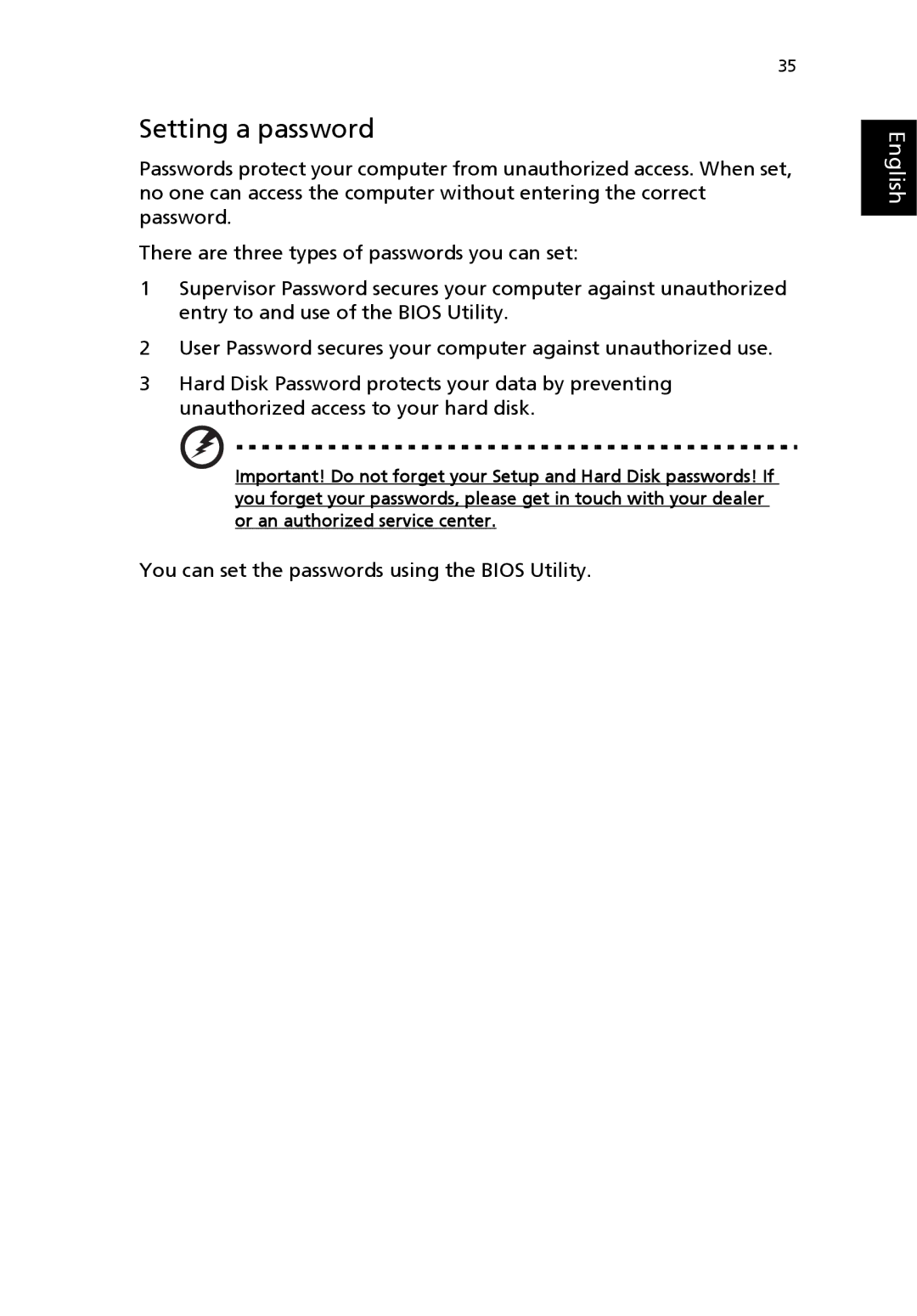 Acer 4000 Series, 2300 Series, 4500 Series manual Setting a password 