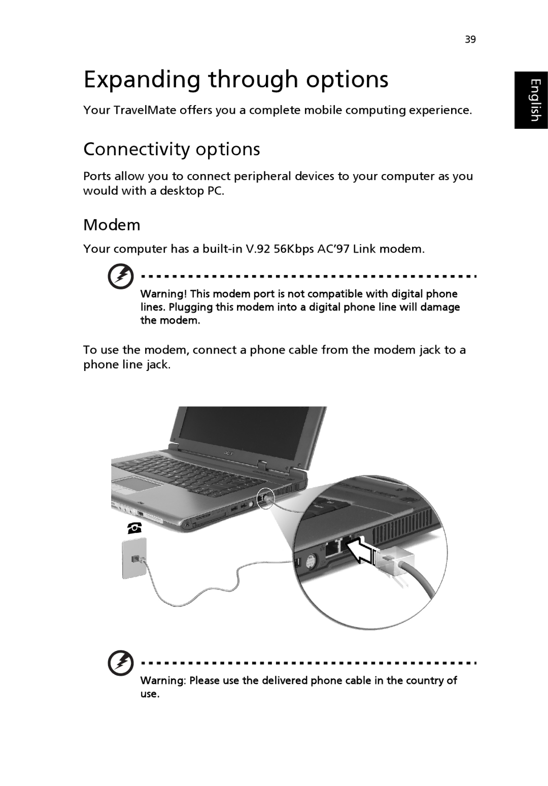 Acer 4500 Series, 2300 Series, 4000 Series manual Expanding through options, Connectivity options, Modem 