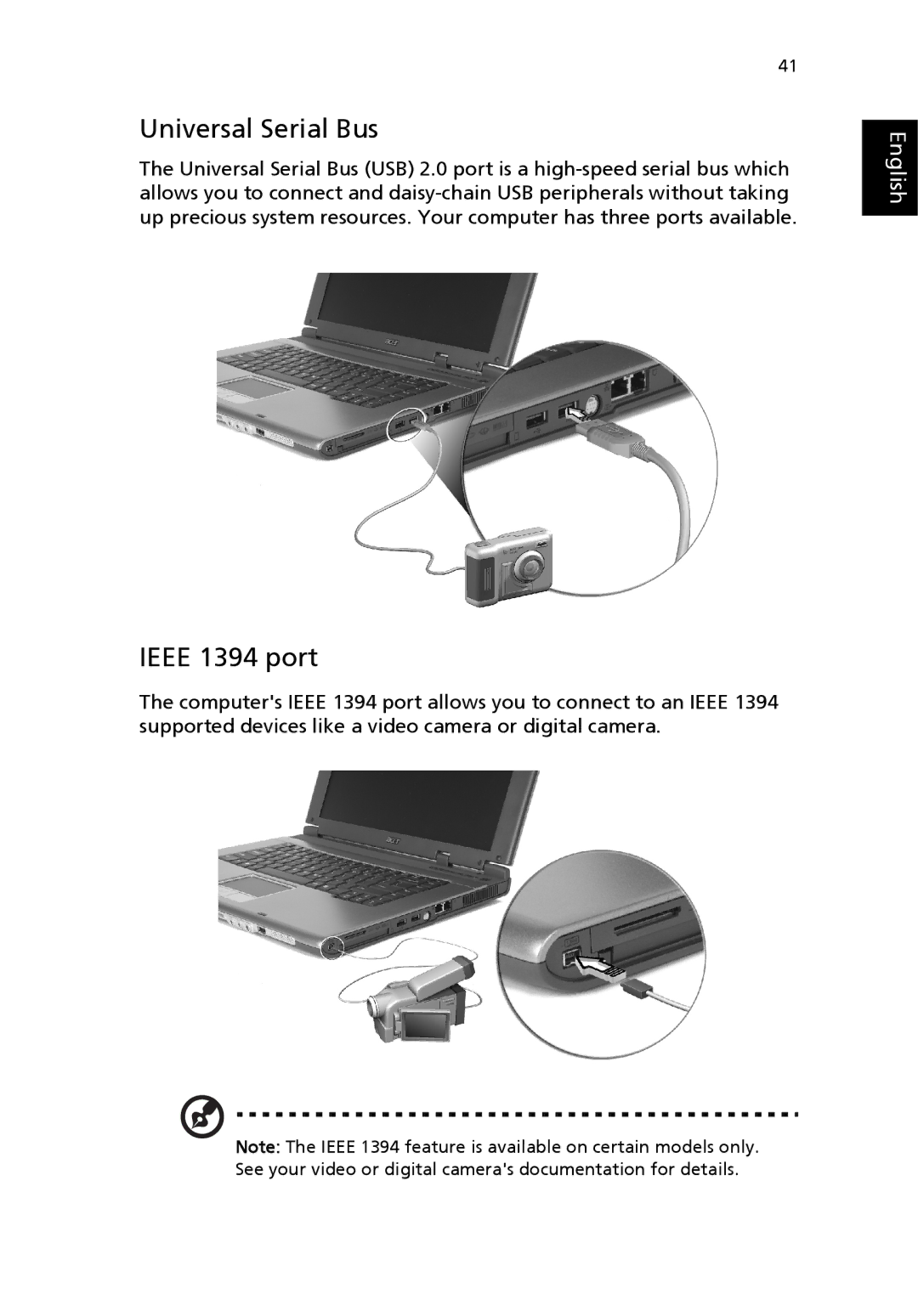 Acer 4000 Series, 2300 Series, 4500 Series manual Universal Serial Bus, Ieee 1394 port 