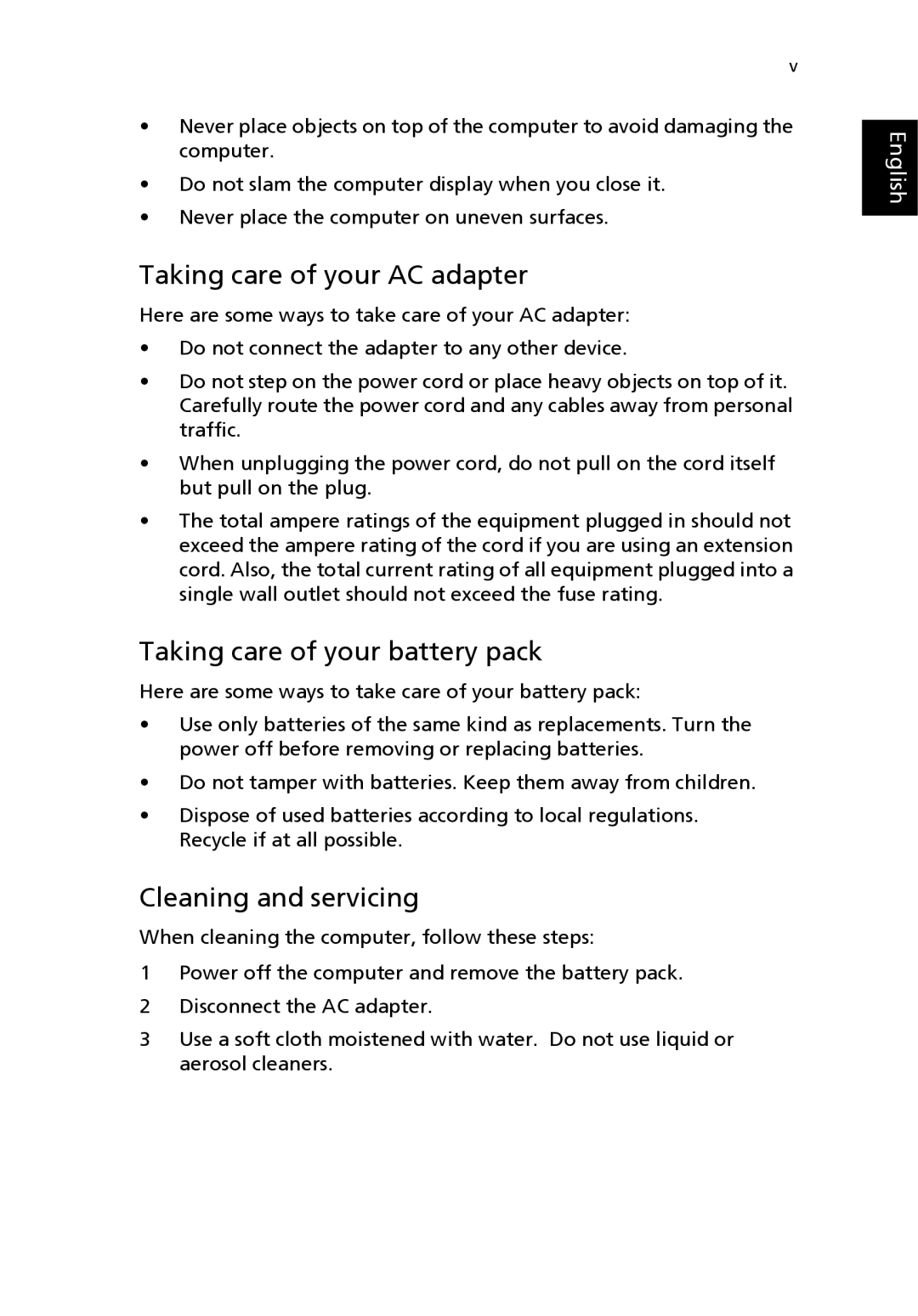 Acer 4500 Series, 2300 Series Taking care of your AC adapter, Taking care of your battery pack, Cleaning and servicing 