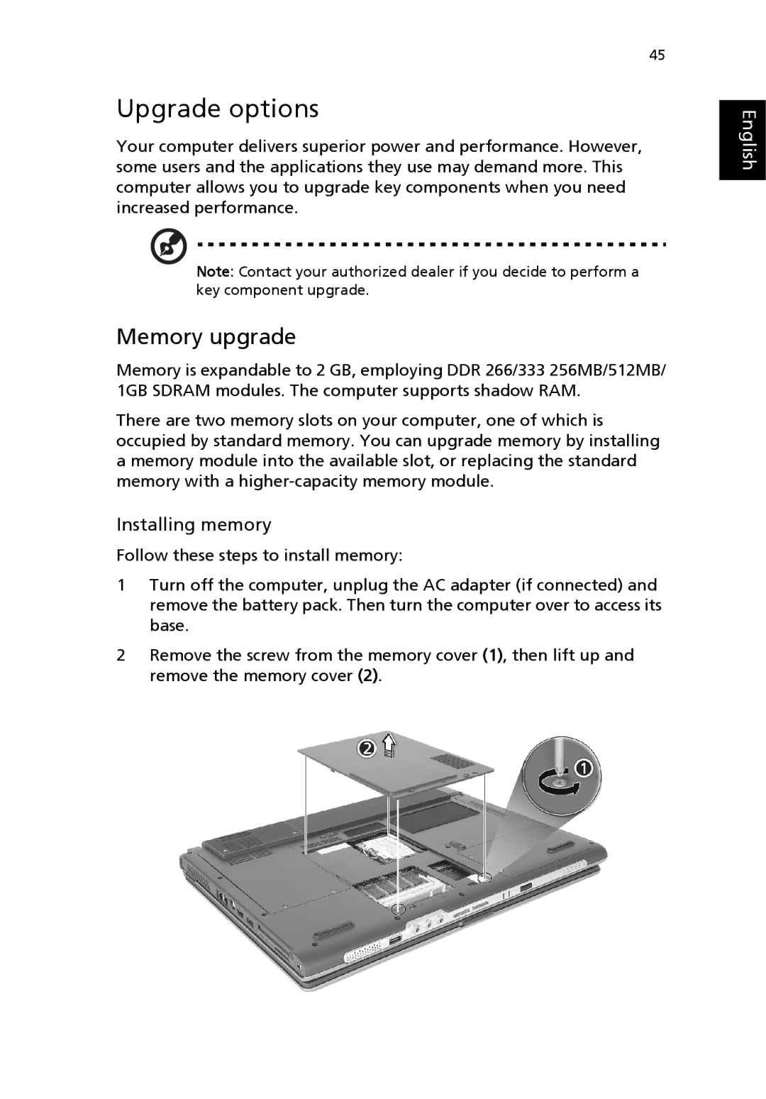 Acer 4500 Series, 2300 Series, 4000 Series manual Upgrade options, Memory upgrade 