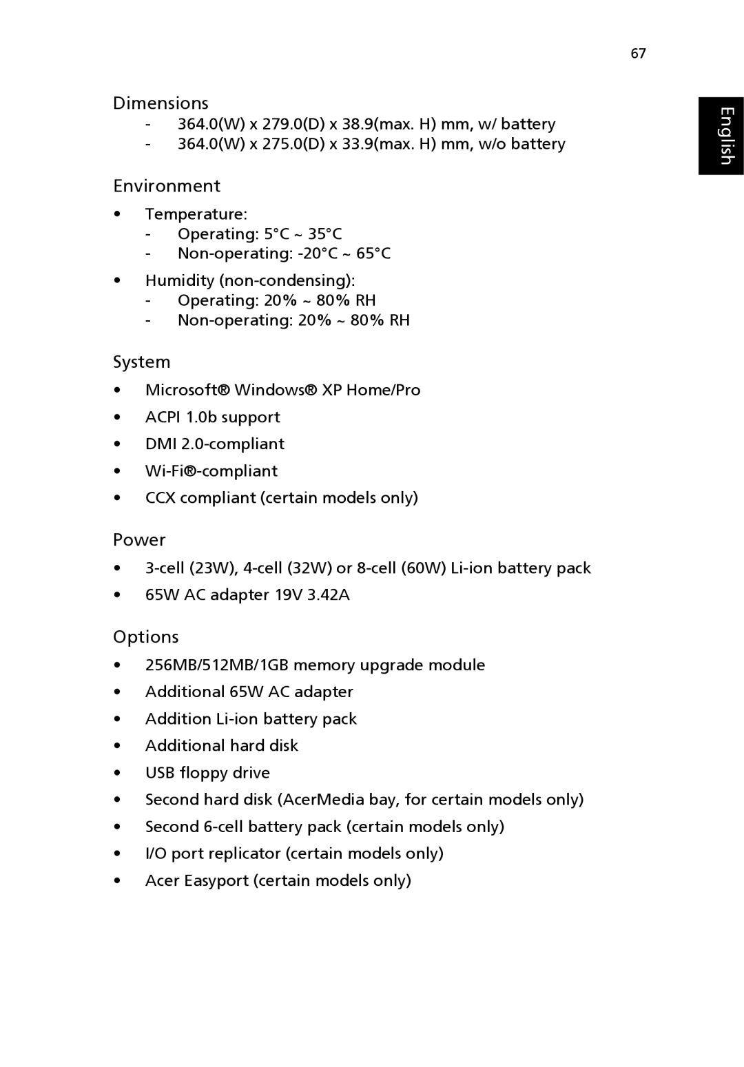 Acer 2300 Series, 4000 Series, 4500 Series manual Dimensions 