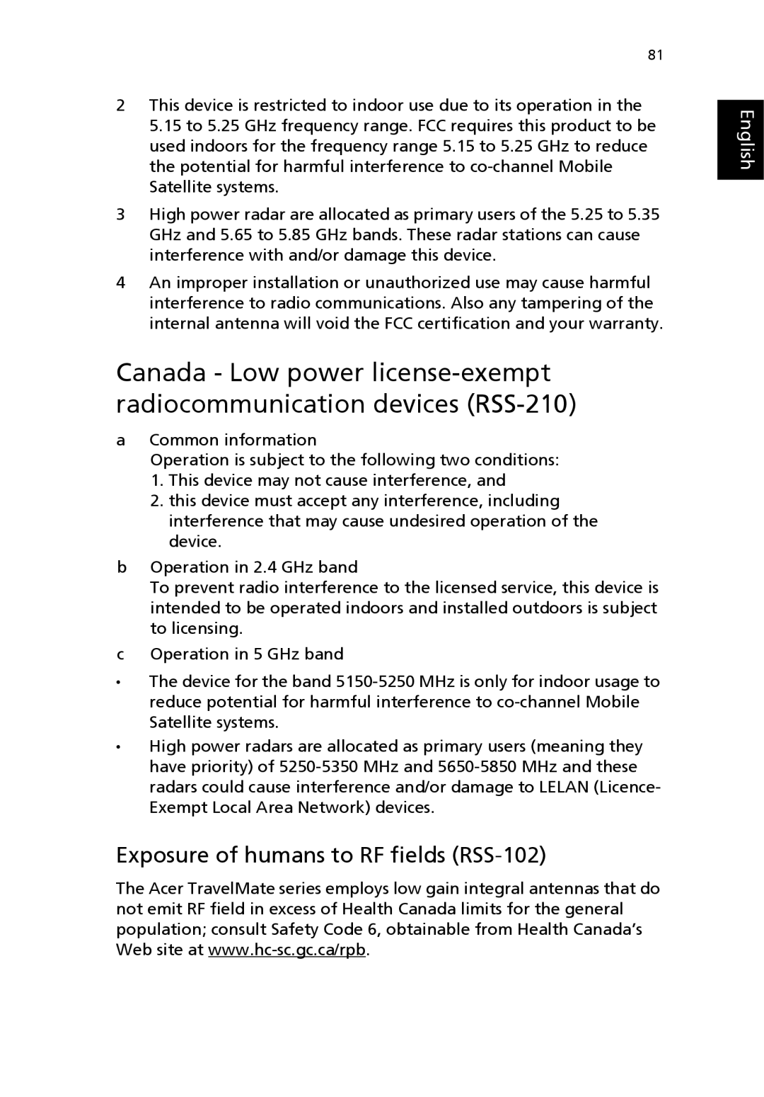 Acer 4500 Series, 2300 Series, 4000 Series manual Exposure of humans to RF fields RSS-102 