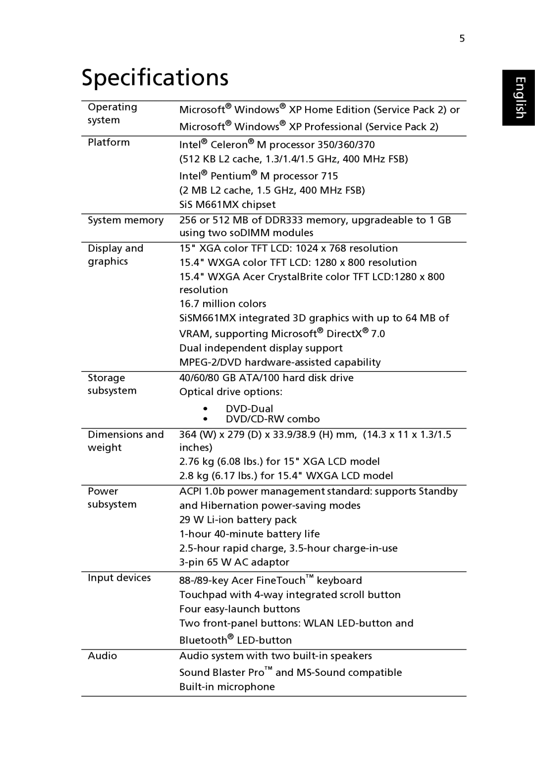 Acer 2310 Series manual Specifications 