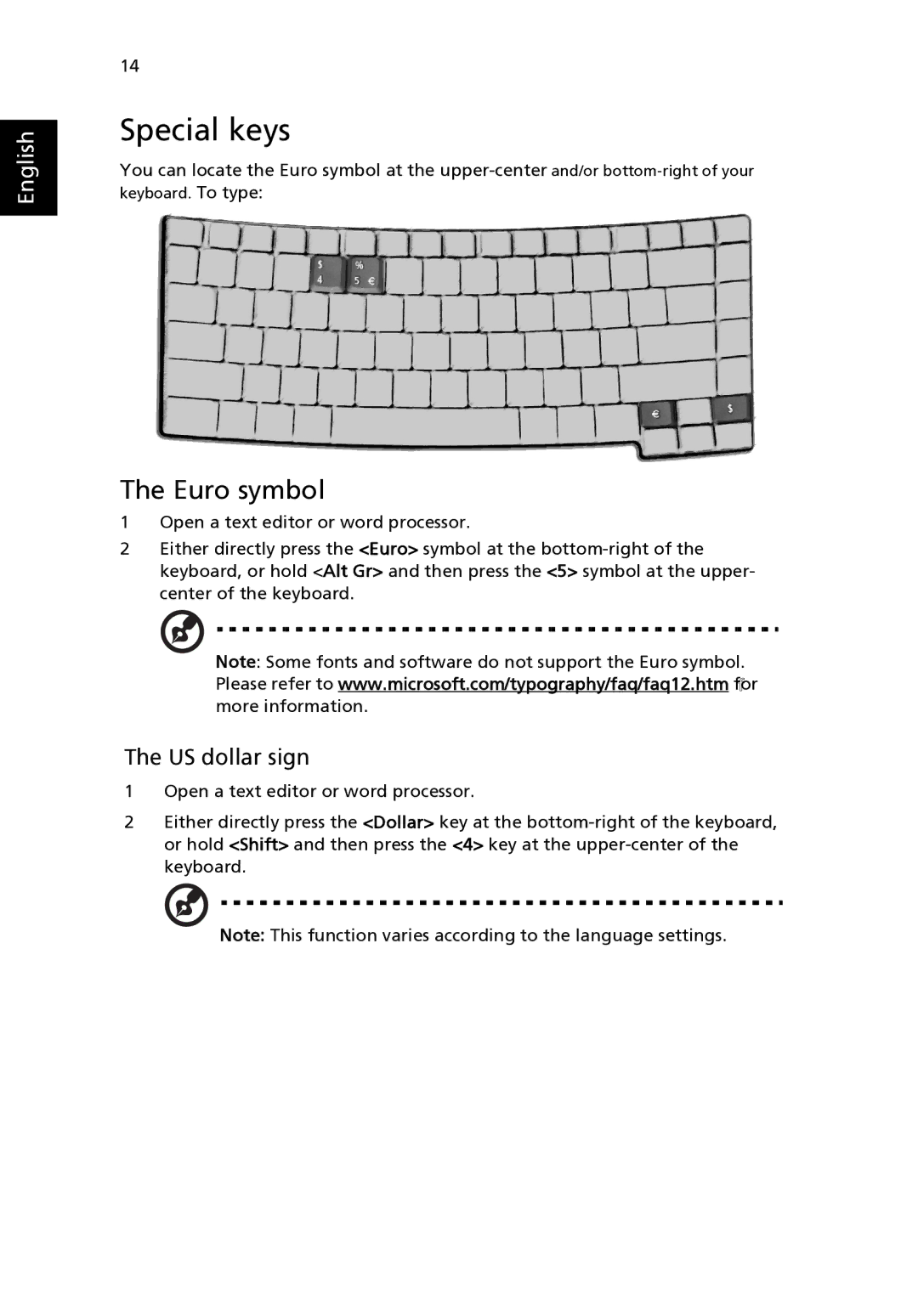 Acer 2310 Series manual Special keys, Euro symbol, US dollar sign 