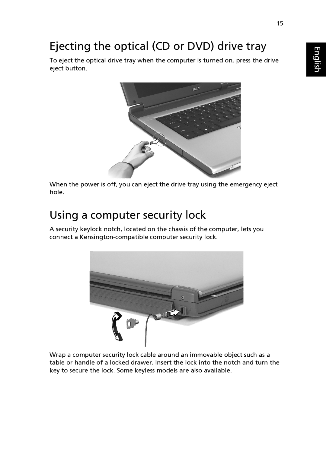 Acer 2310 Series manual Ejecting the optical CD or DVD drive tray, Using a computer security lock 