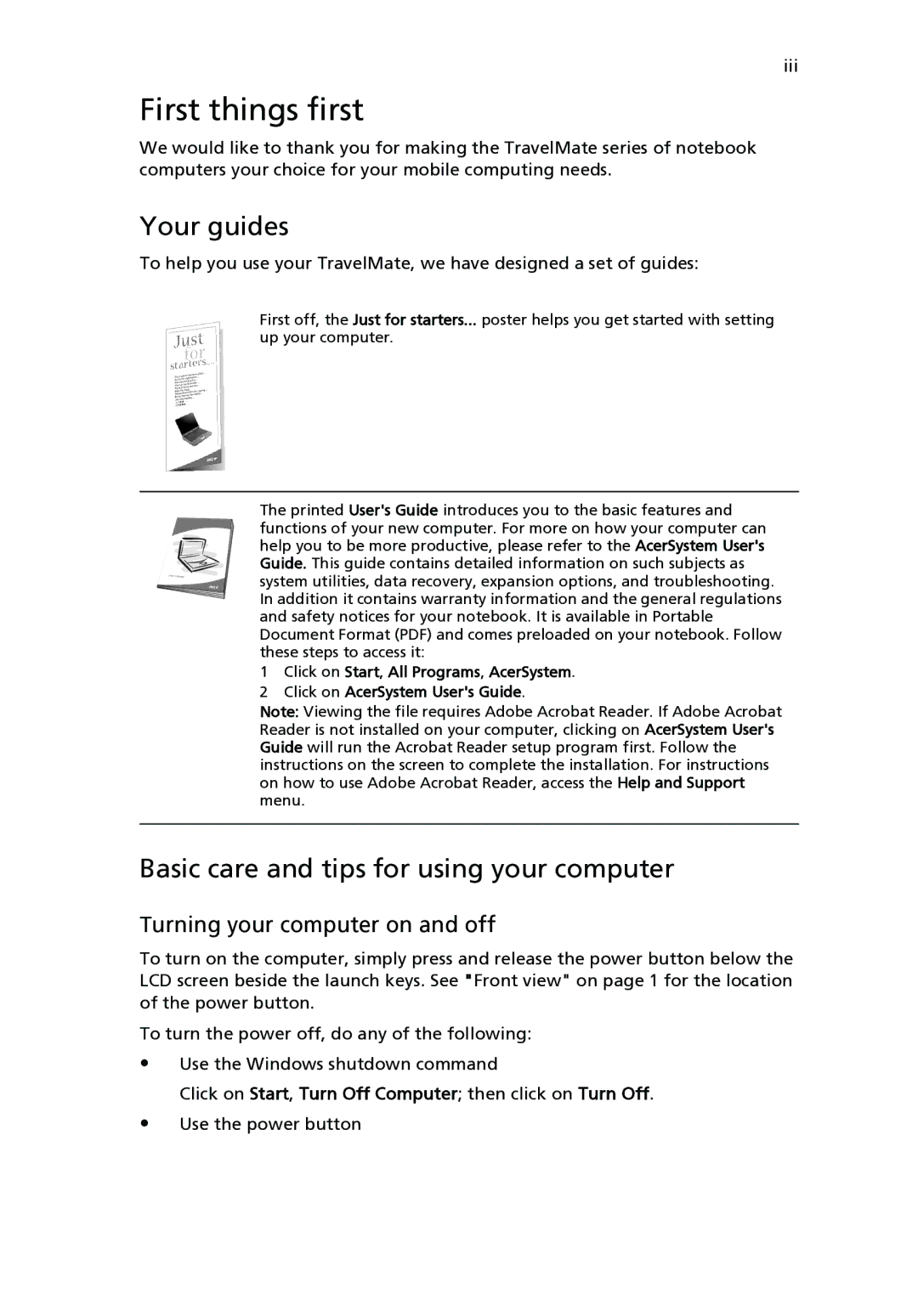 Acer 2310 Series manual First things first, Your guides, Basic care and tips for using your computer 