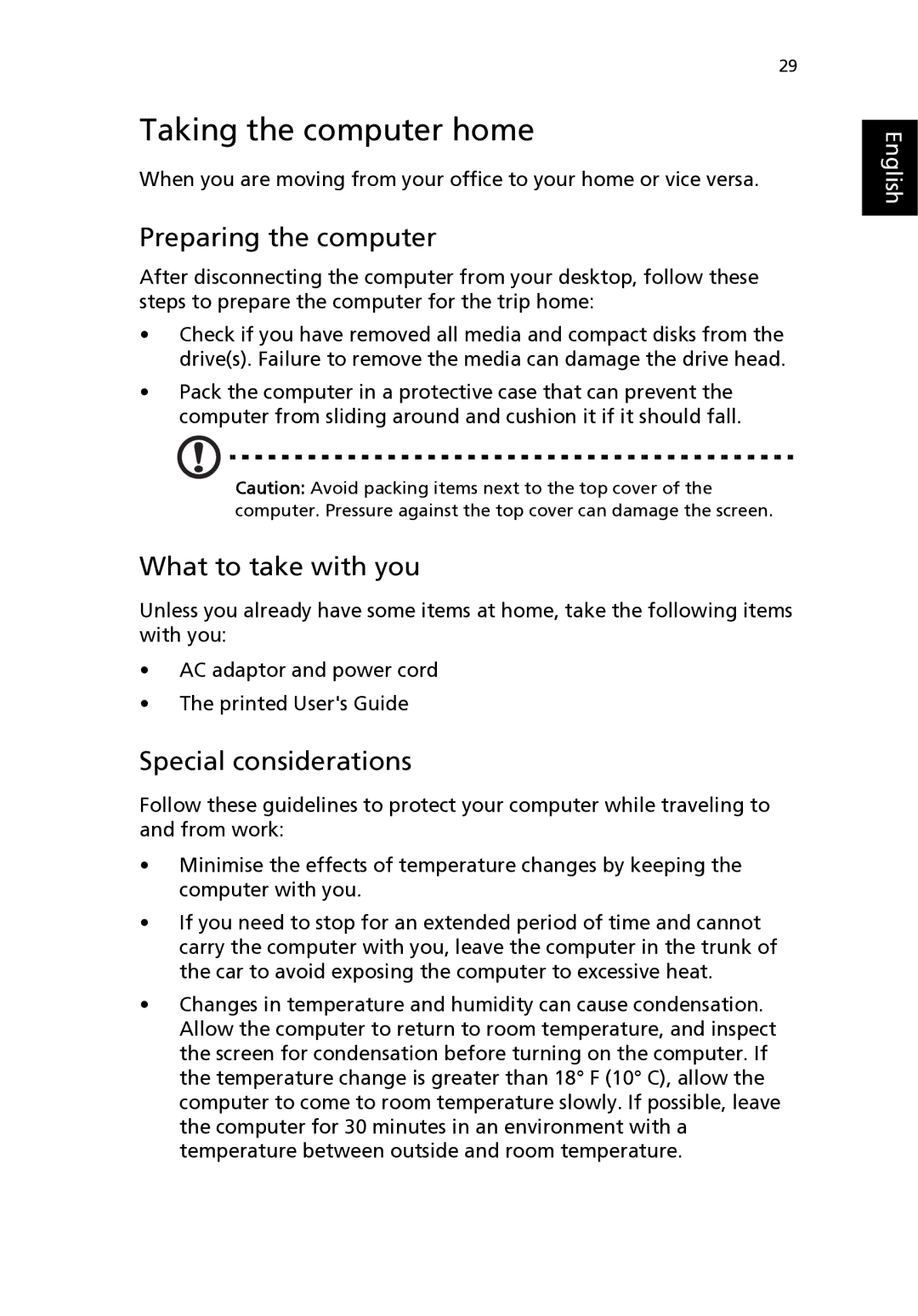 Acer 2310 Series manual Taking the computer home, What to take with you, Special considerations 