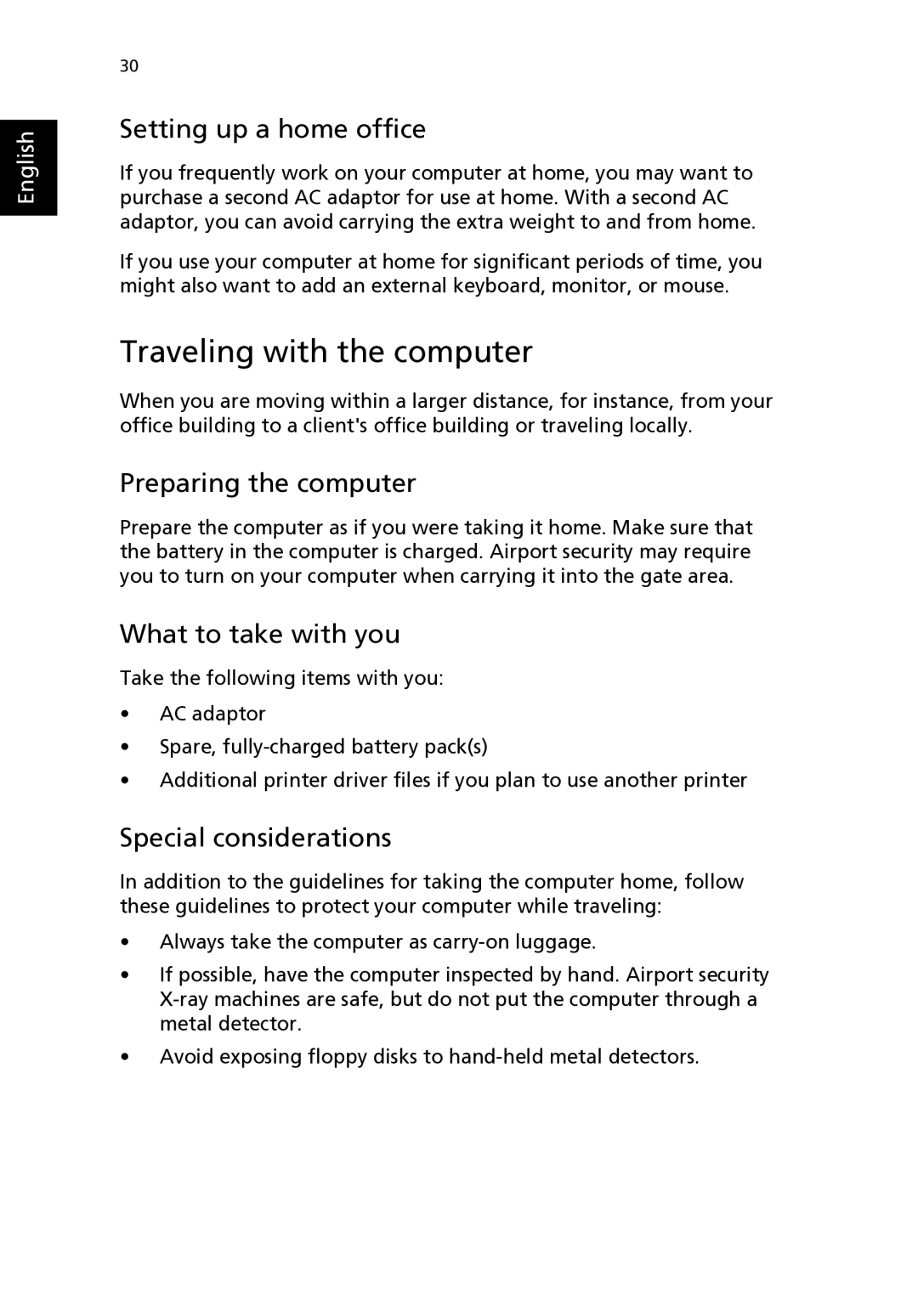 Acer 2310 Series manual Traveling with the computer, Setting up a home office 