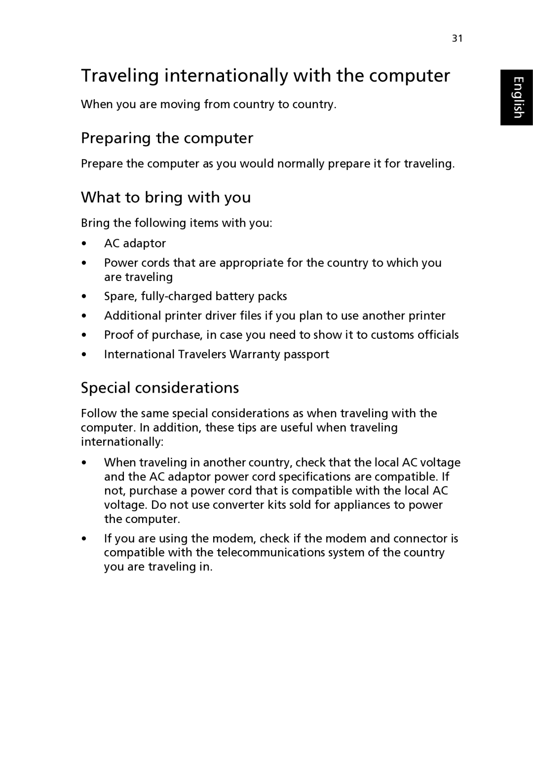 Acer 2310 Series manual Traveling internationally with the computer, What to bring with you 