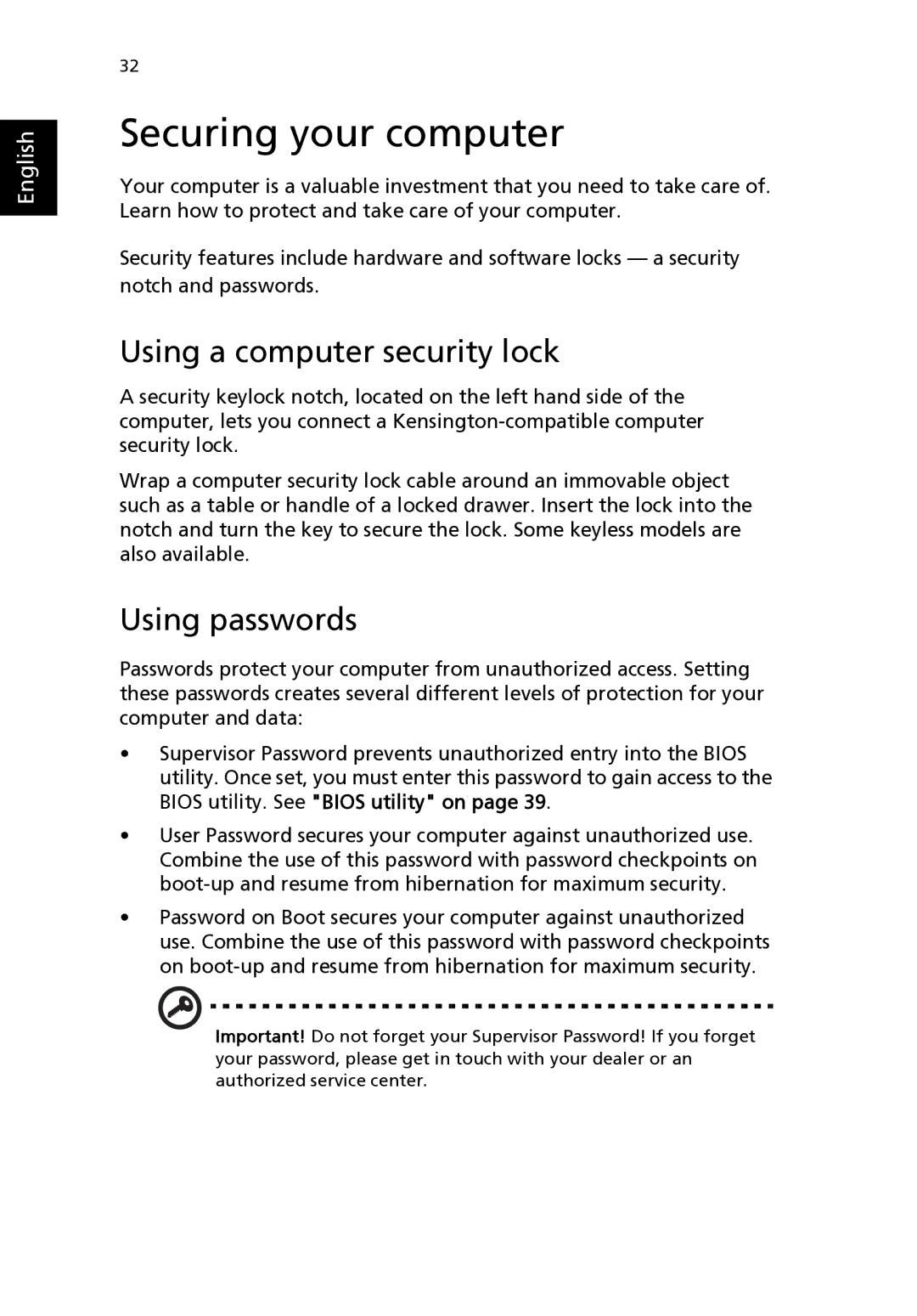 Acer 2310 Series manual Securing your computer, Using passwords 