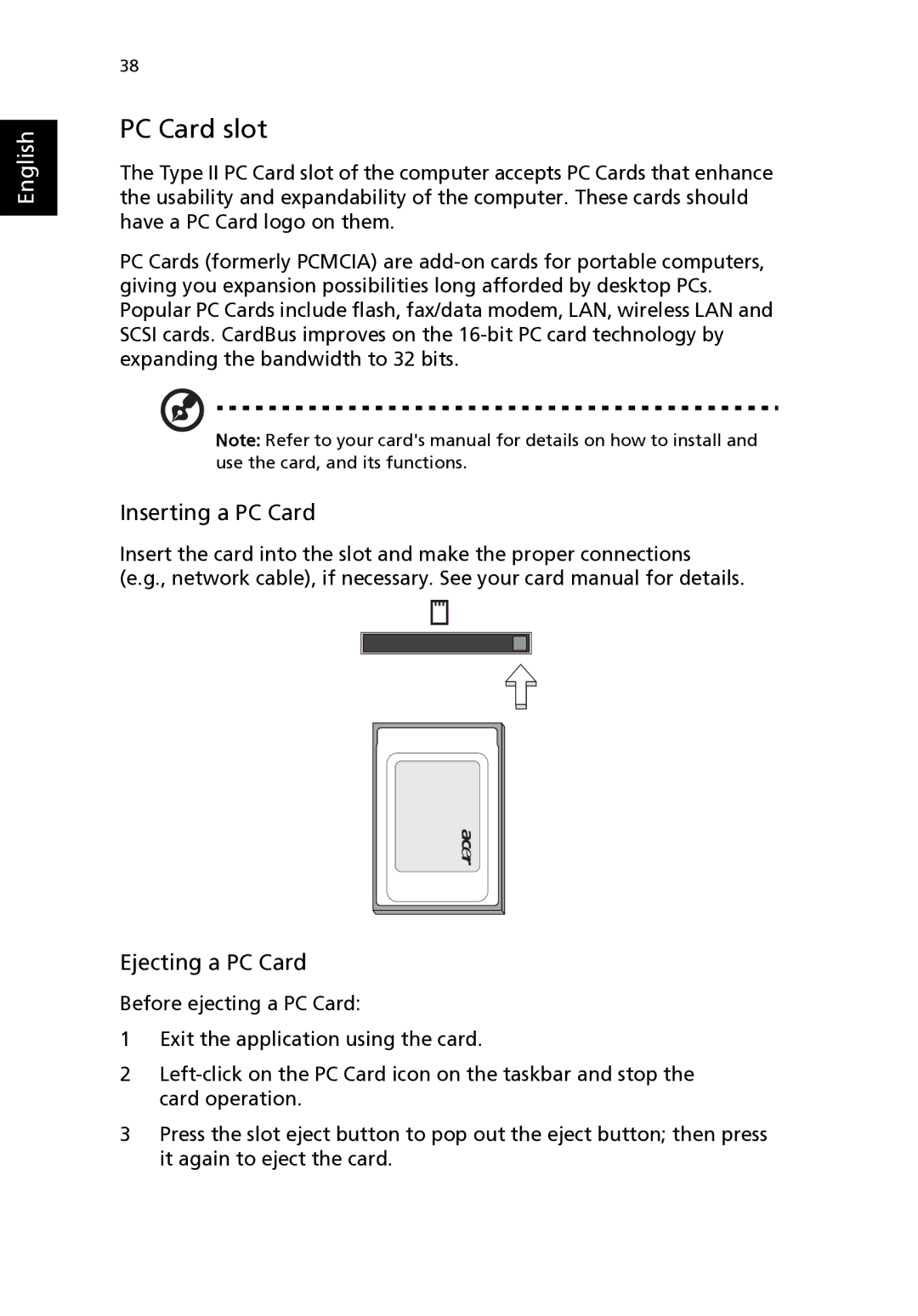 Acer 2310 Series manual PC Card slot, Inserting a PC Card, Ejecting a PC Card 