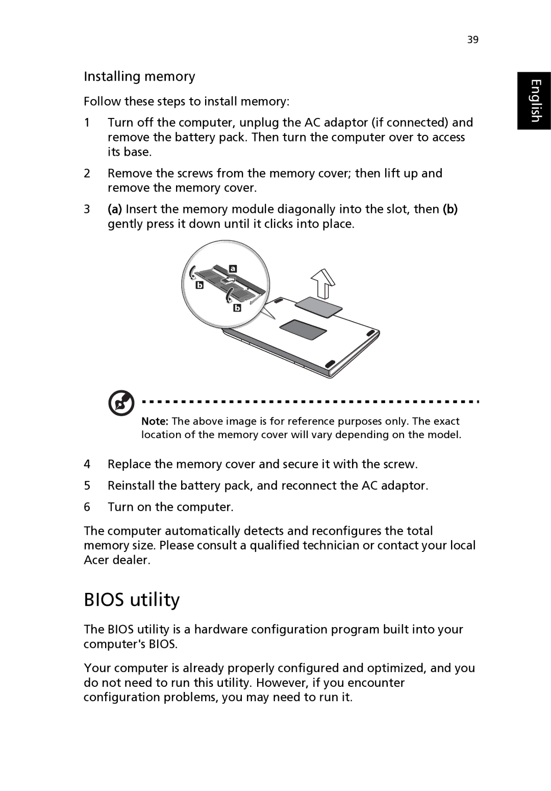 Acer 2310 Series manual Bios utility, Installing memory 