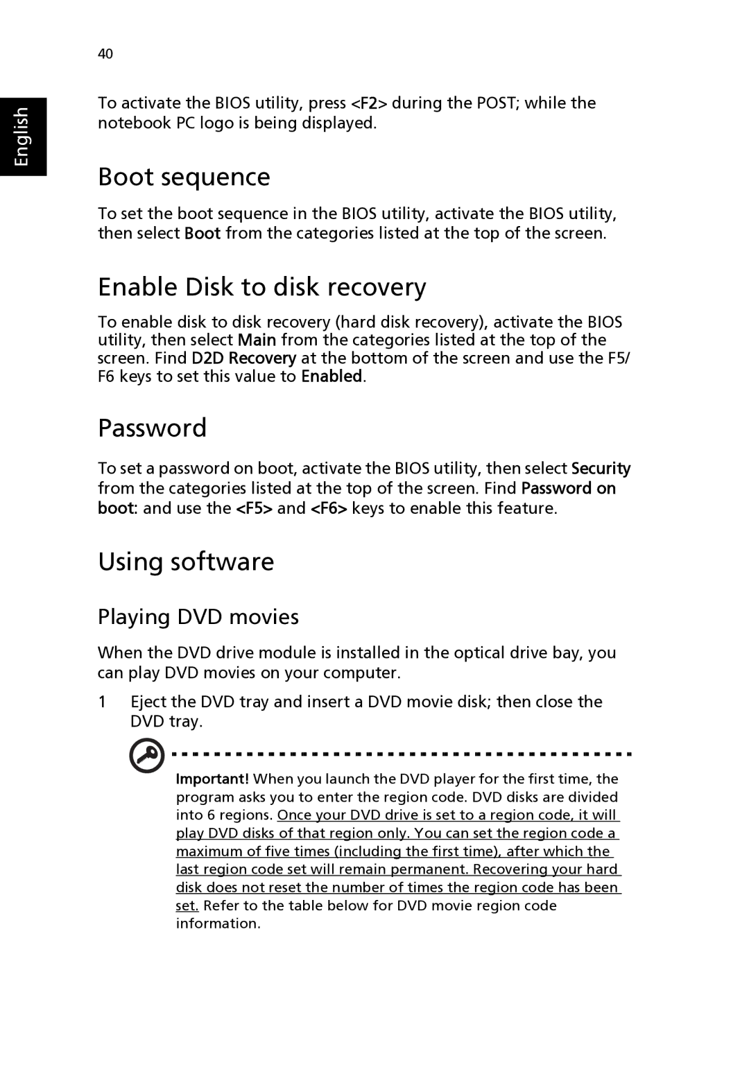 Acer 2310 Series manual Boot sequence, Enable Disk to disk recovery, Password, Using software, Playing DVD movies 