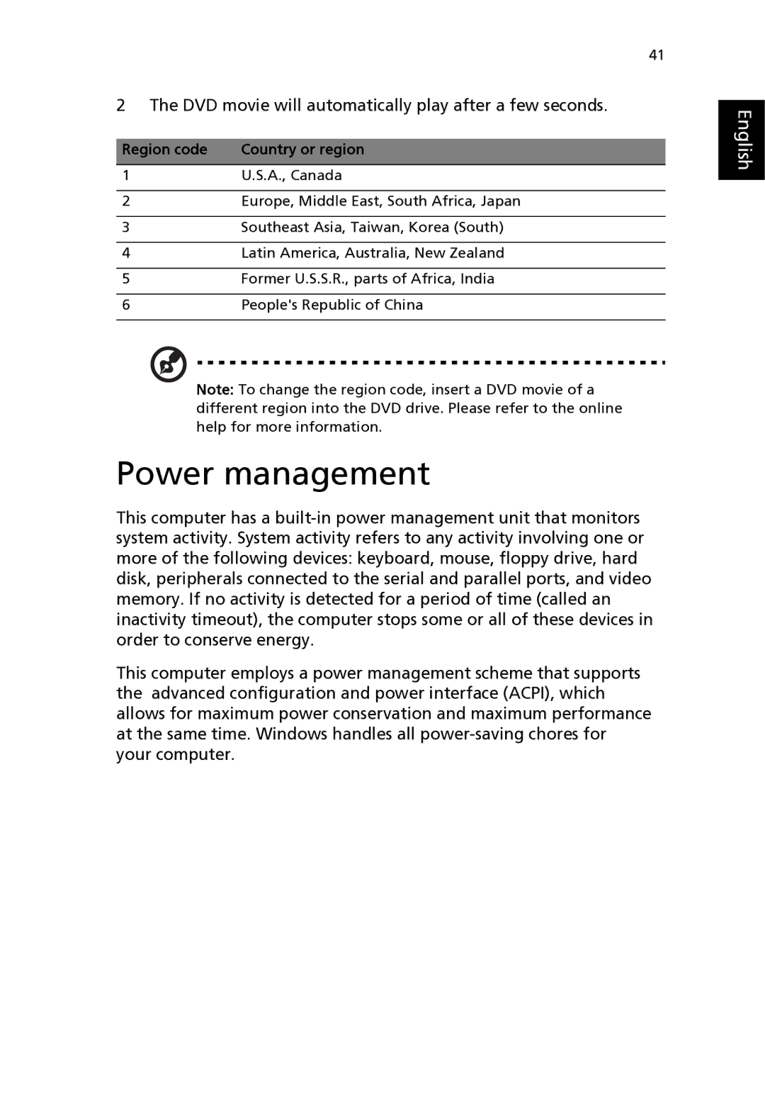 Acer 2310 Series manual Power management, Region code Country or region 