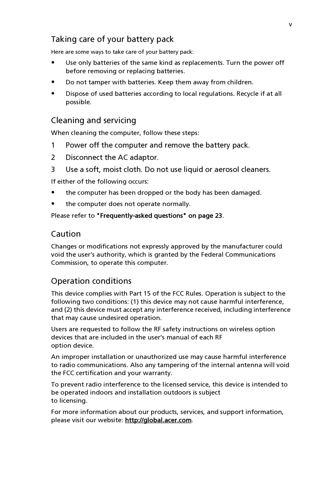 Acer 2310 Series manual Taking care of your battery pack, Cleaning and servicing, Operation conditions 