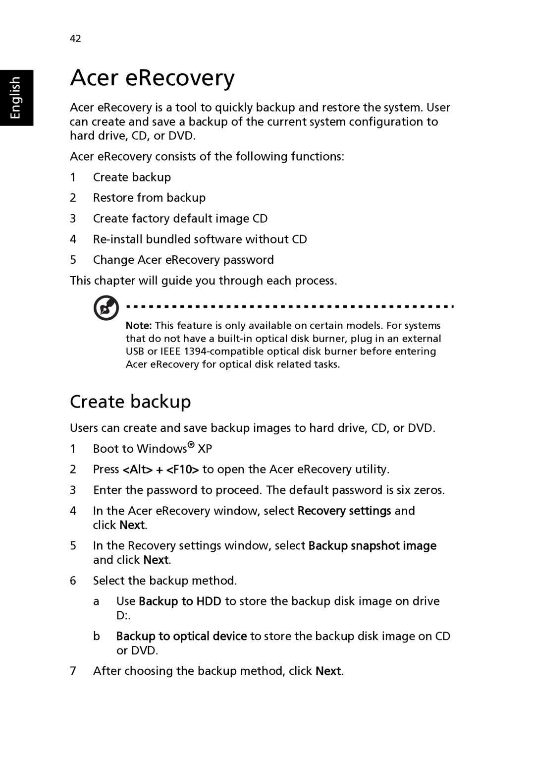 Acer 2310 Series manual Acer eRecovery, Create backup 