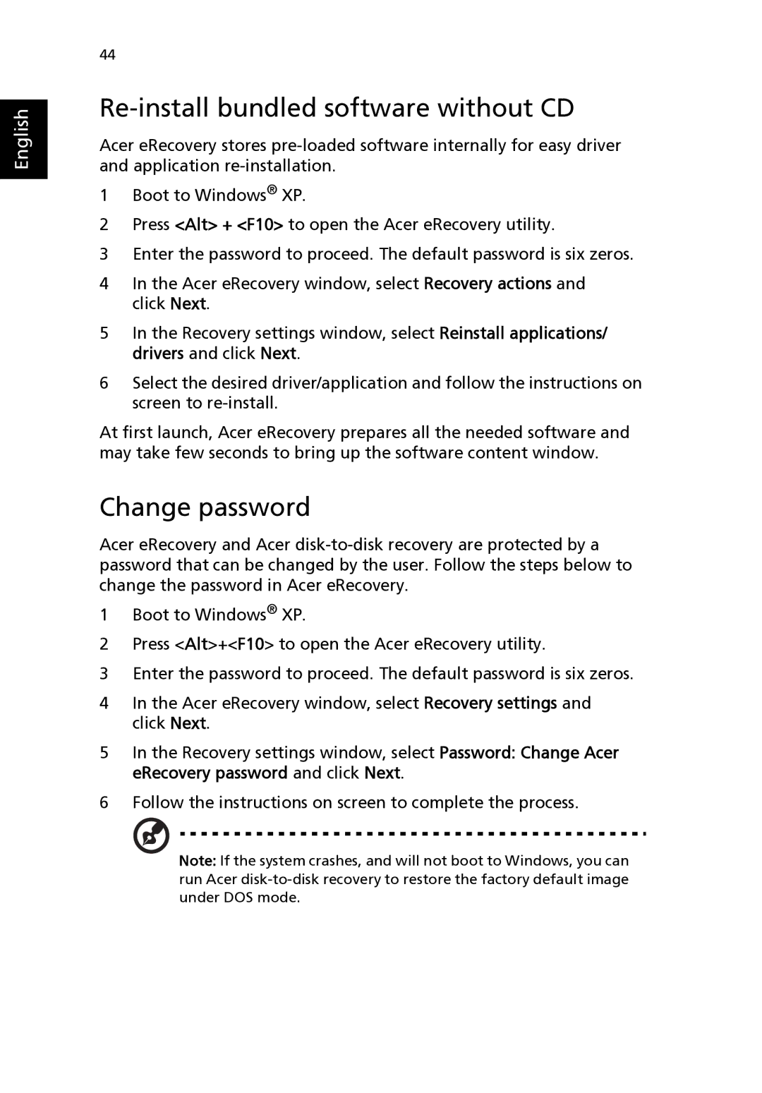 Acer 2310 Series manual Re-install bundled software without CD, Change password 