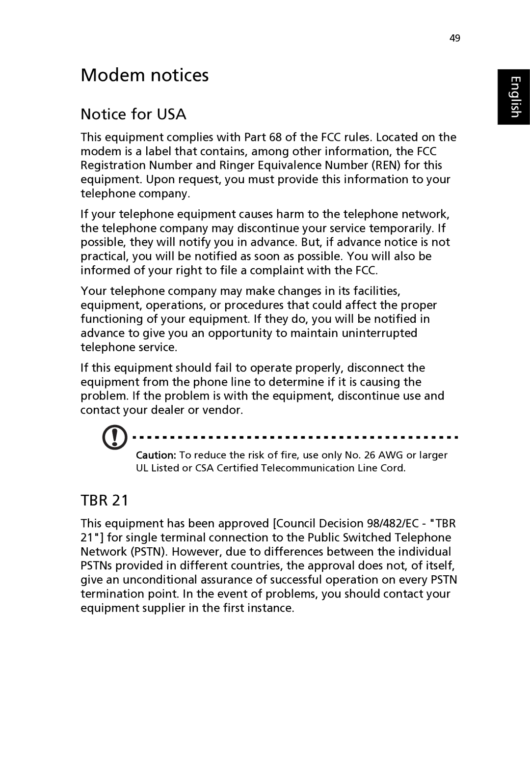 Acer 2310 Series manual Modem notices, Tbr 