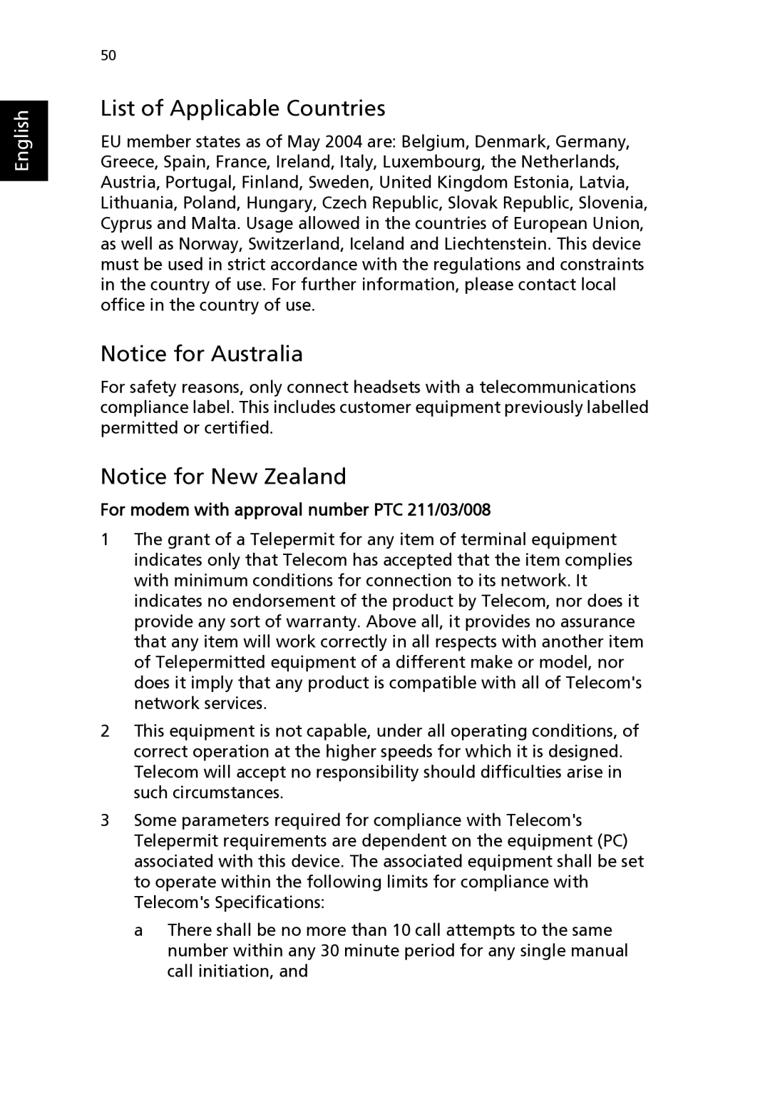 Acer 2310 Series manual List of Applicable Countries, For modem with approval number PTC 211/03/008 