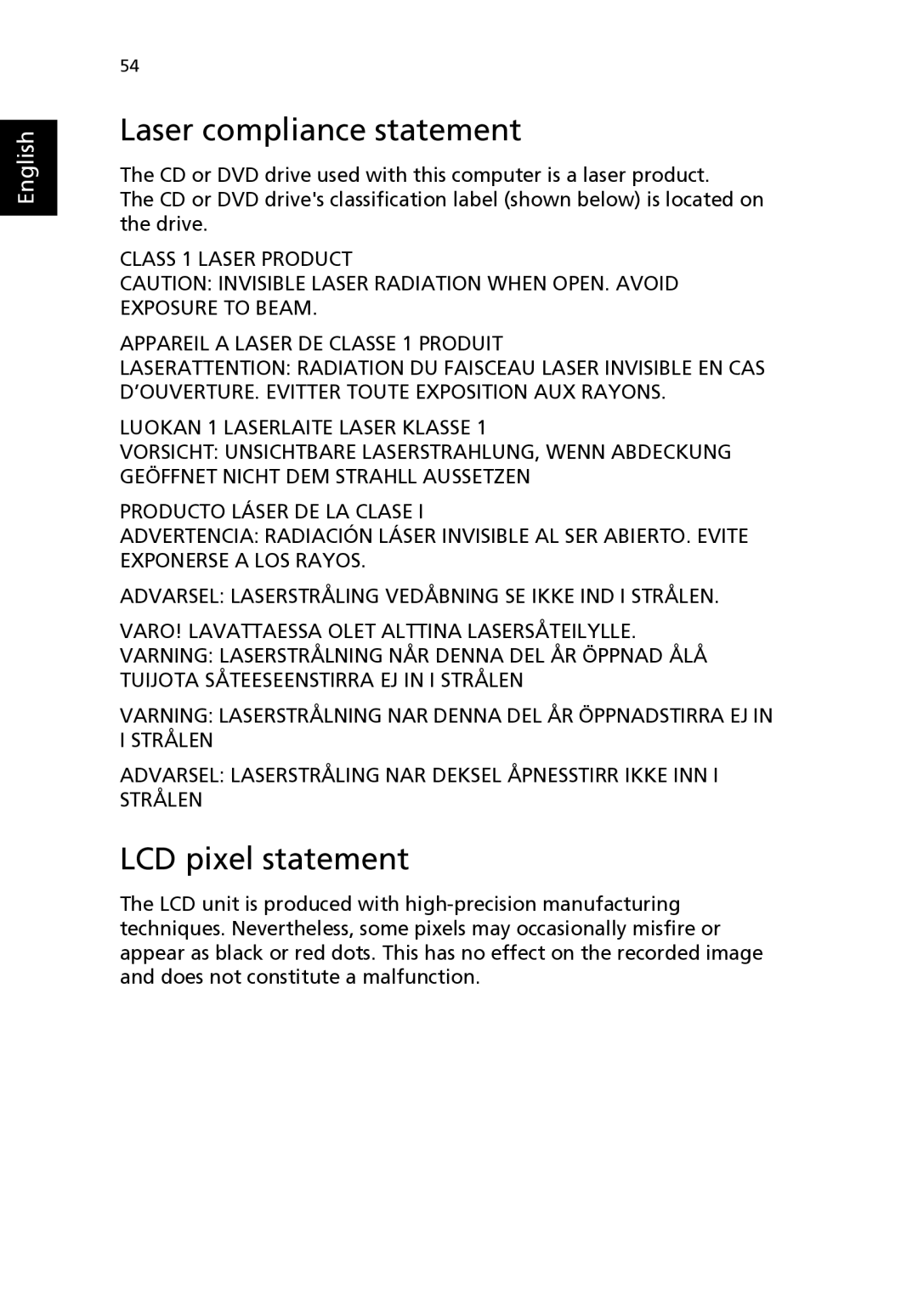 Acer 2310 Series manual Laser compliance statement, LCD pixel statement 