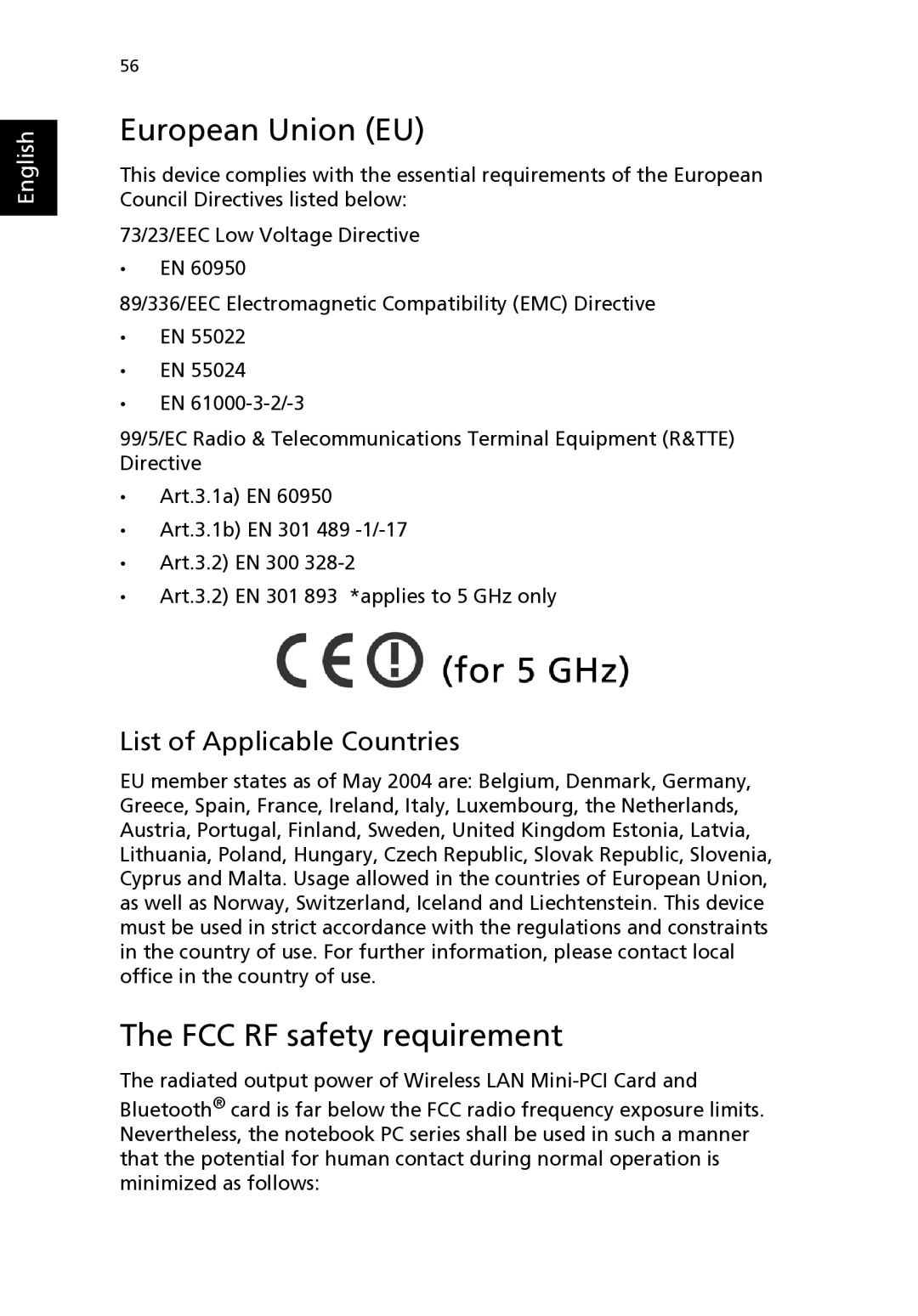 Acer 2310 Series manual European Union EU, FCC RF safety requirement 