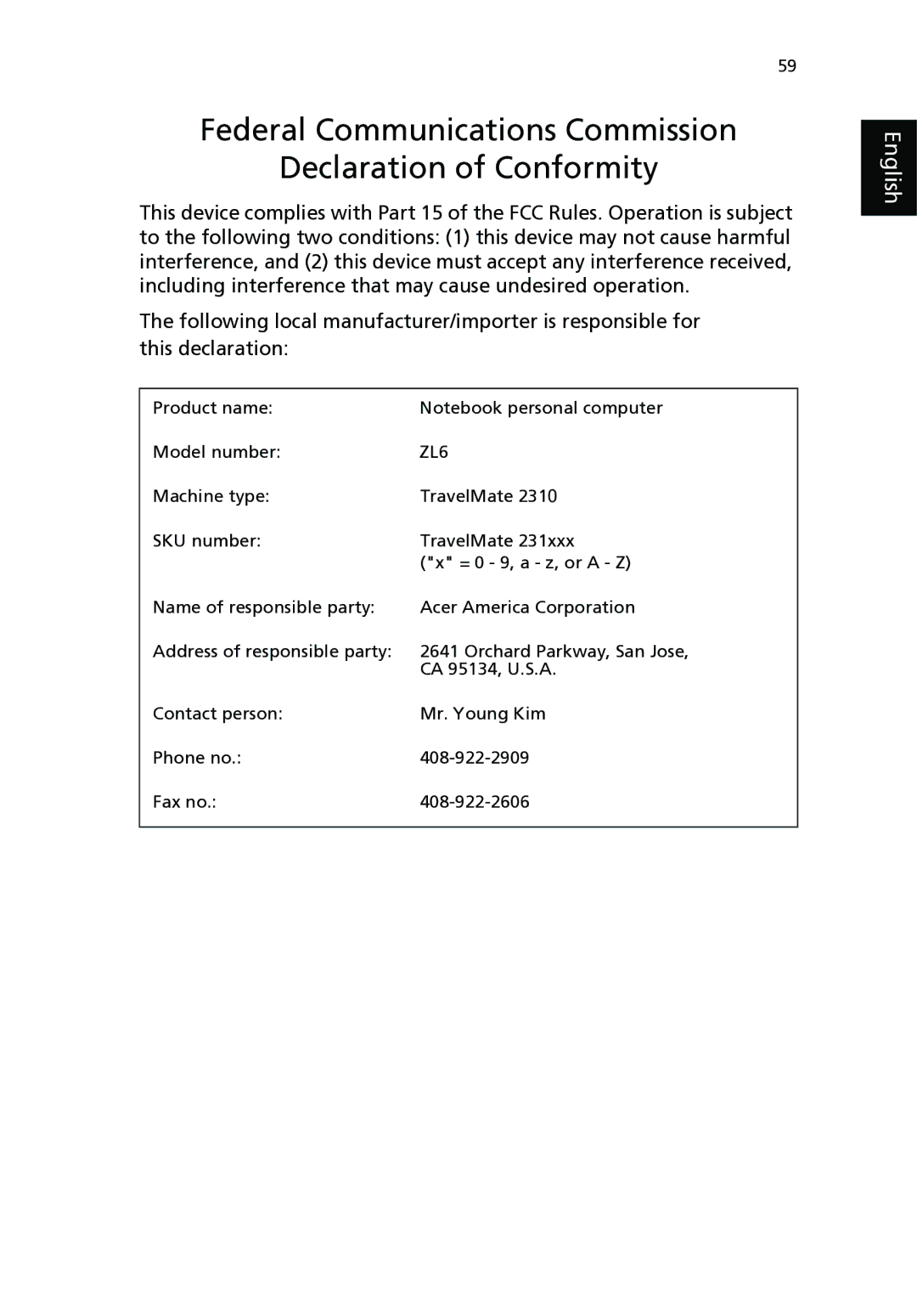 Acer 2310 Series manual Federal Communications Commission Declaration of Conformity, ZL6 