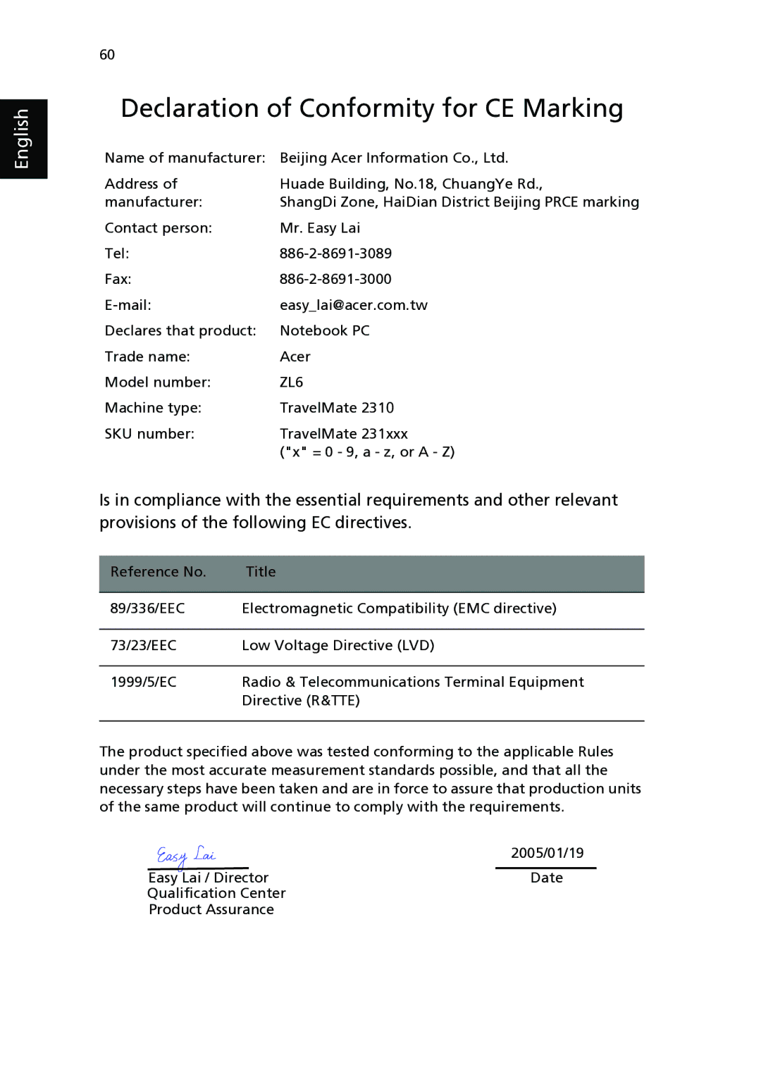 Acer 2310 Series manual Declaration of Conformity for CE Marking 