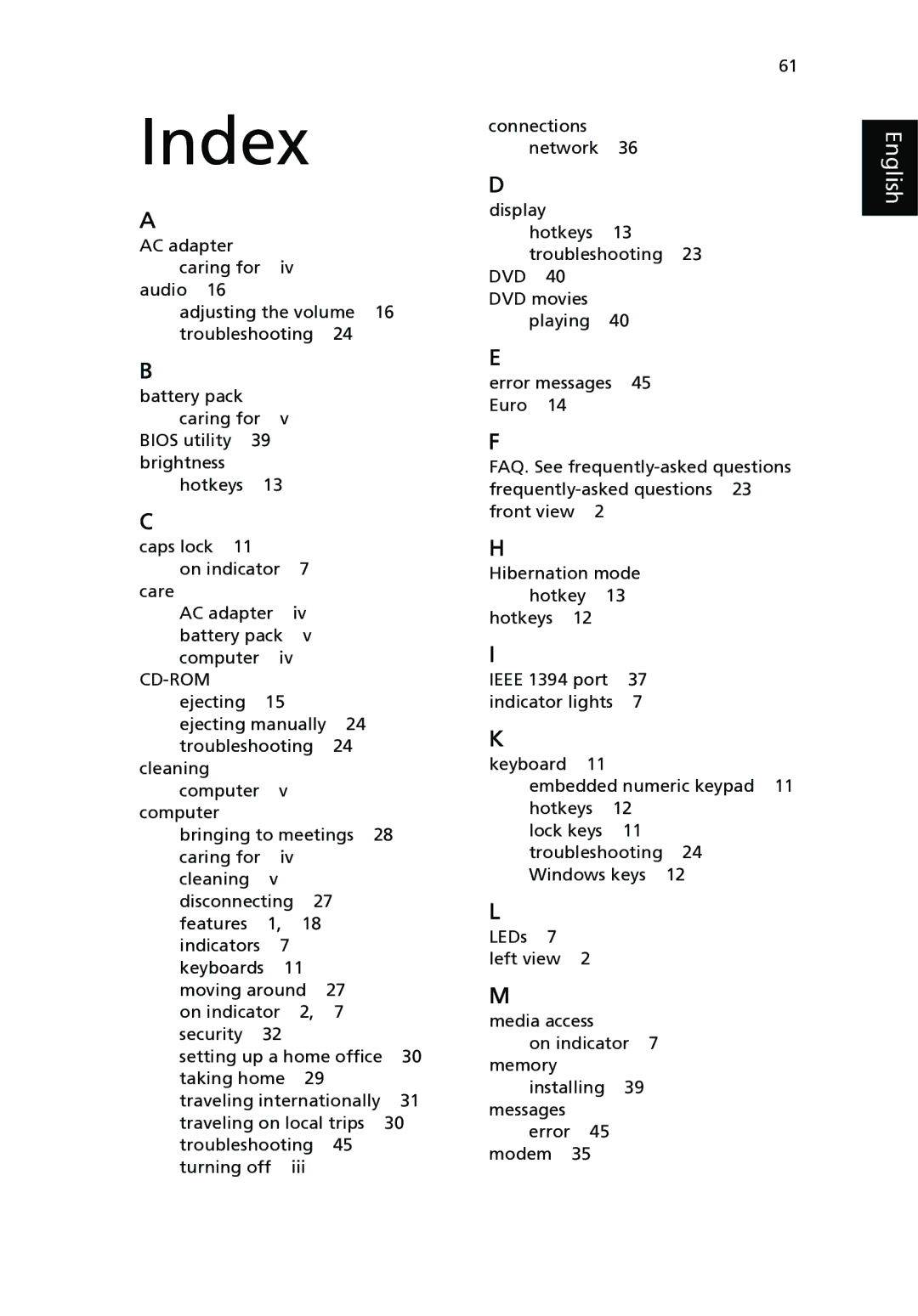 Acer 2310 Series manual Index 